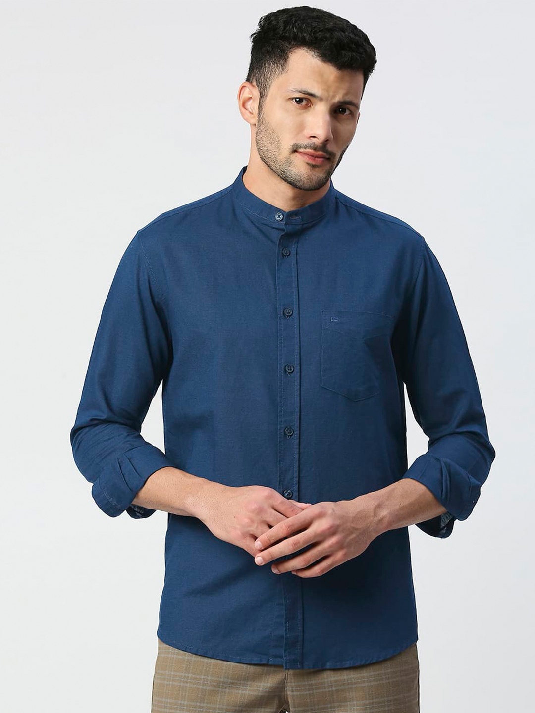 

Basics Band Collar Standard Slim Fit Cotton Linen Shirt, Blue