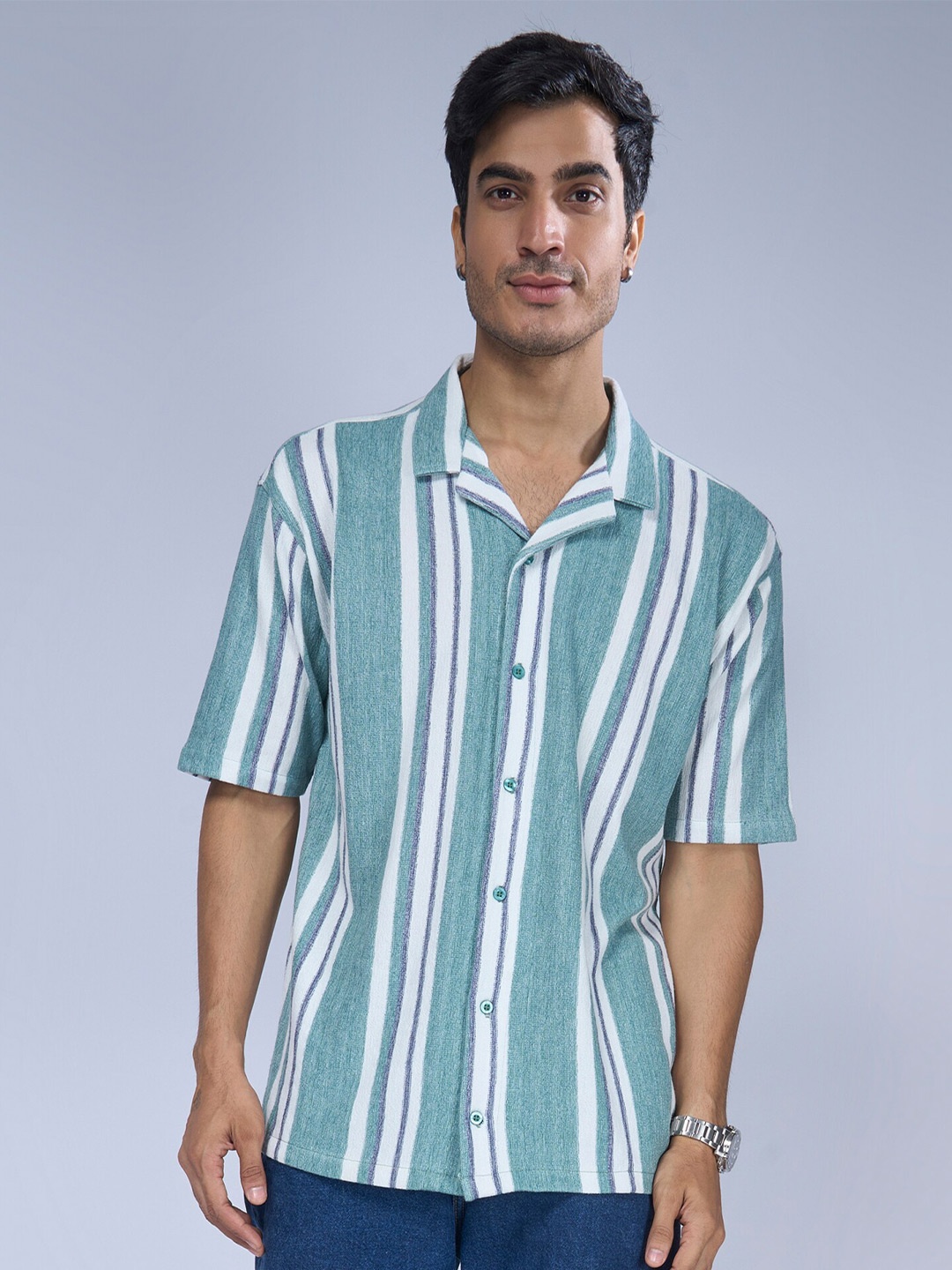 

Maniac Trim Boxy Multi Striped Cuban Collar Casual Shirt, Green
