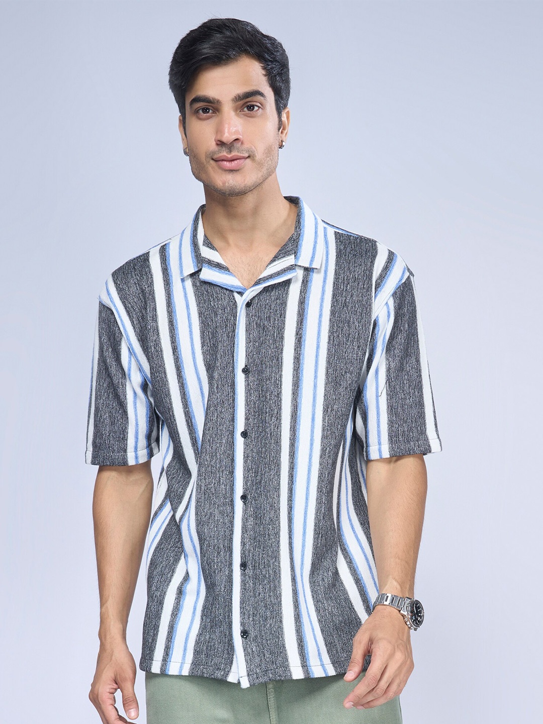 

Maniac Trim Boxy Multi Striped Cuban Collar Casual Shirt, Black