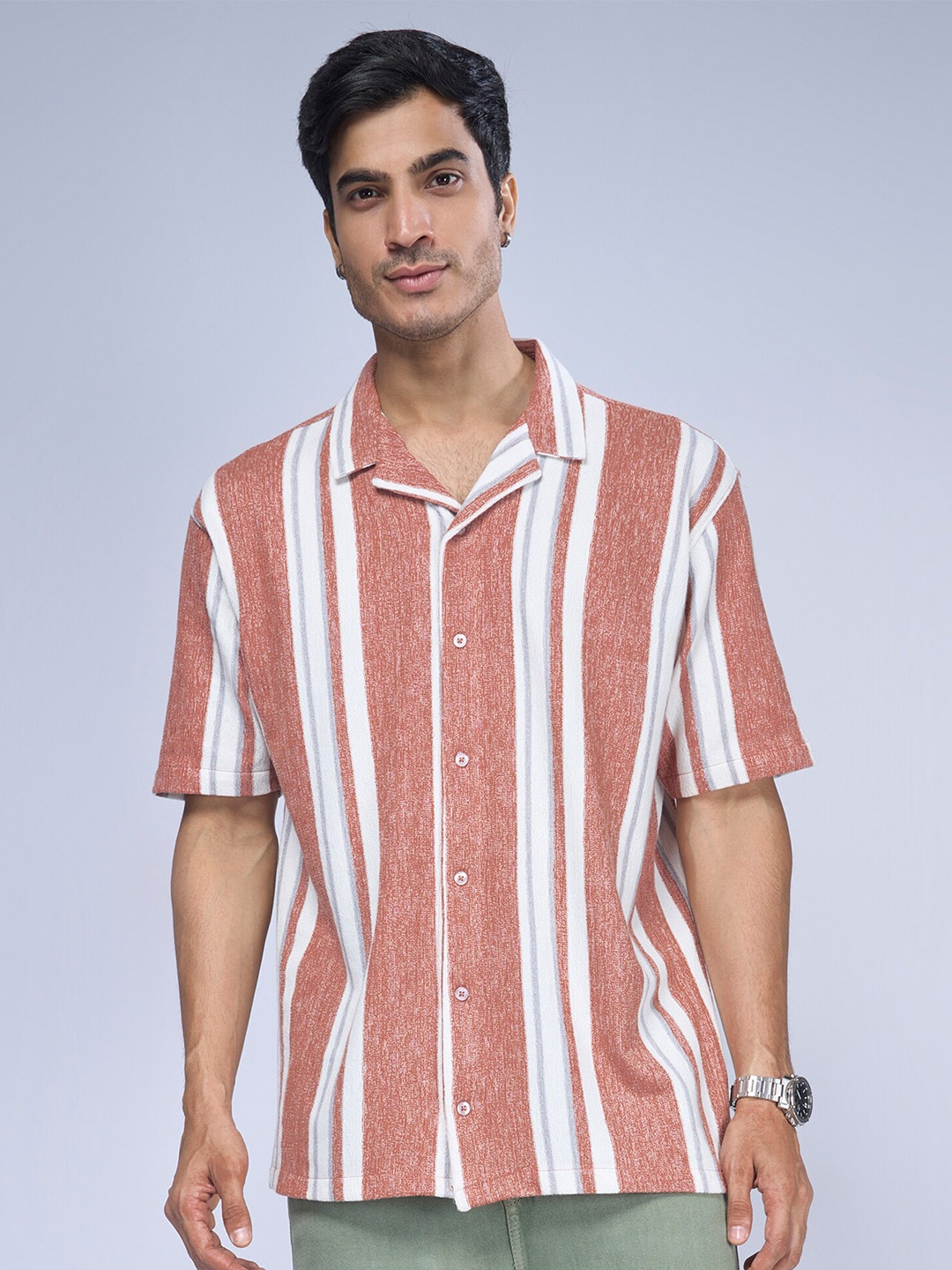 

Maniac Trim Boxy Opaque Striped Cuban Collar Casual Shirt, Brown