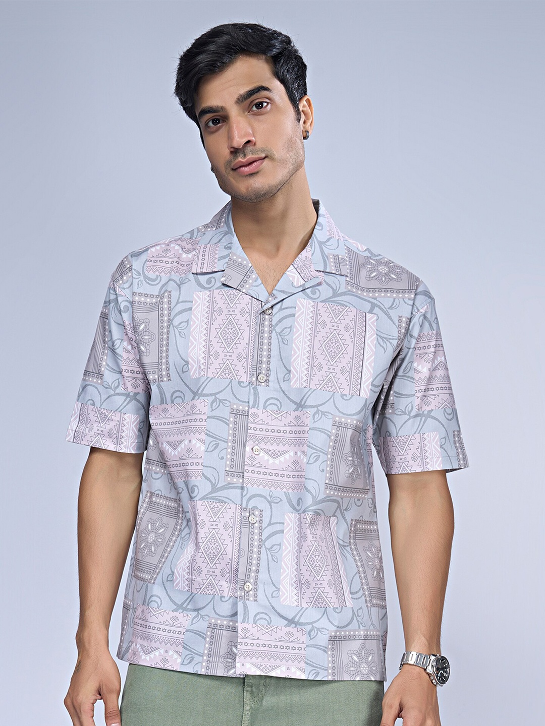 

Maniac Trim Boxy Ethnic Motifs Printed Casual Shirt, Blue