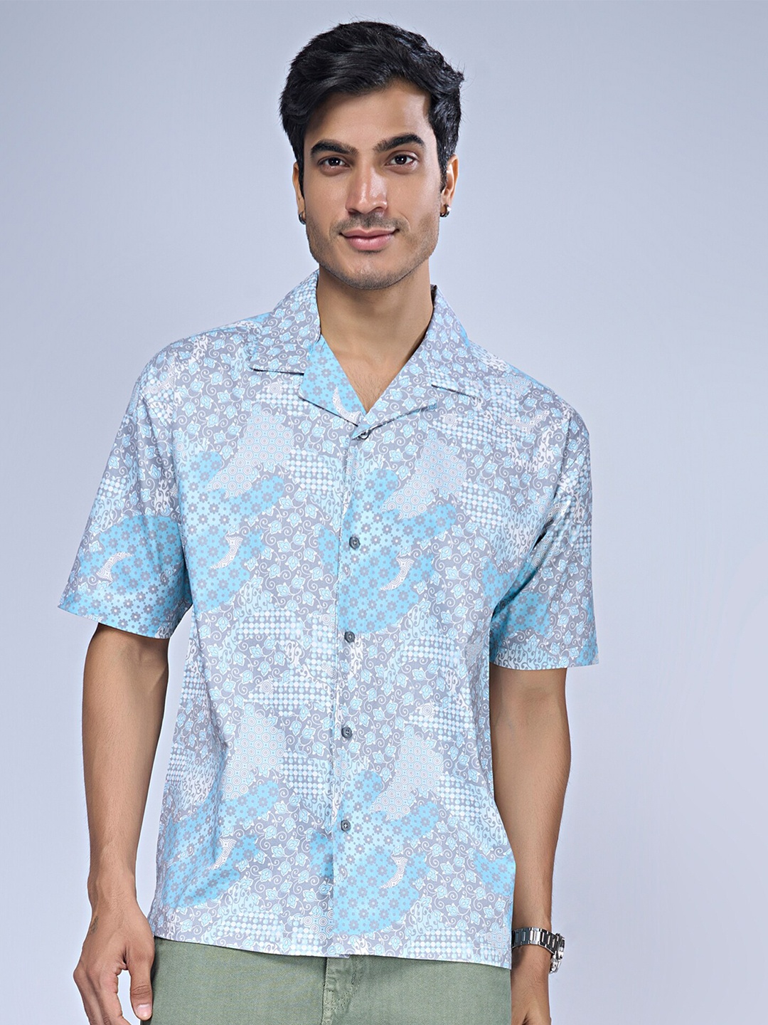 

Maniac Trim Boxy Floral Printed Casual Shirt, Blue