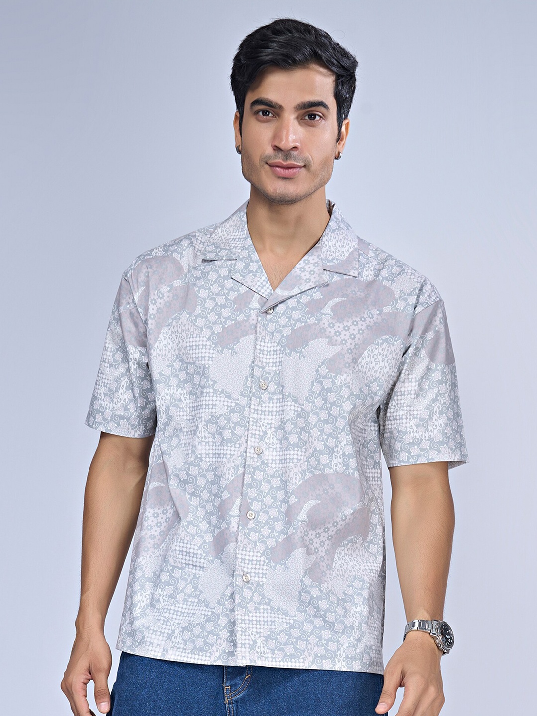 

Maniac Trim Boxy Floral Printed Casual Shirt, Grey