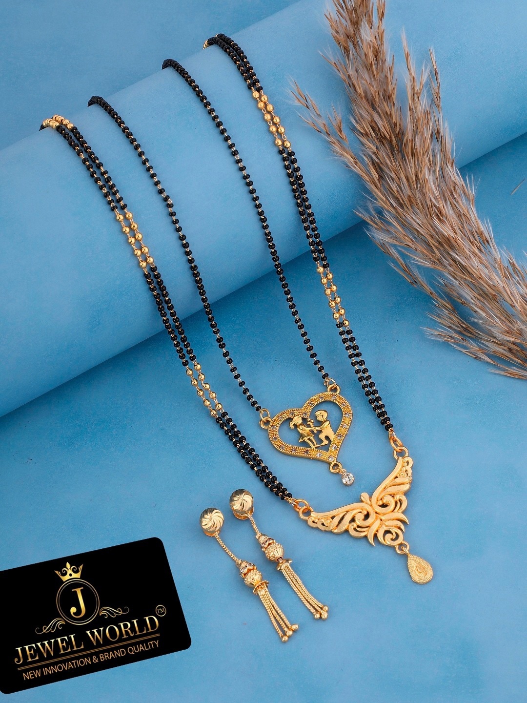 

JEWEL WORLD Set Of 2 Gold-Plated Stone-Studded Beaded Mangalsutra