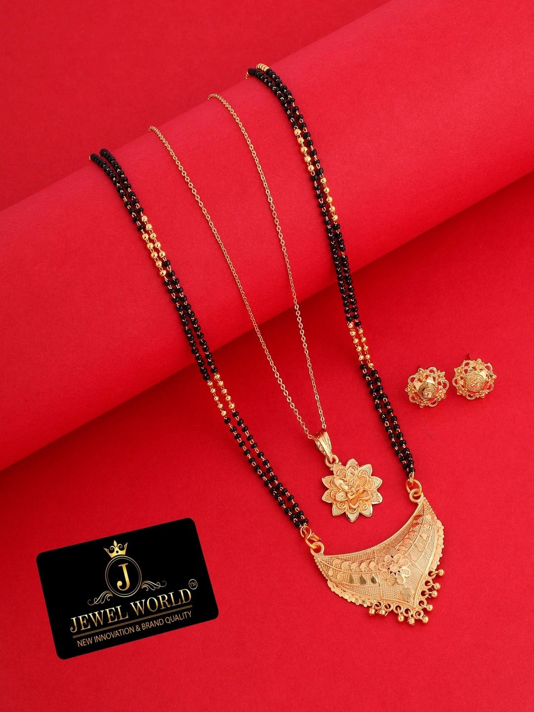 

JEWEL WORLD Gold-Plated Beaded Mangalsutra With Earrings & Chains