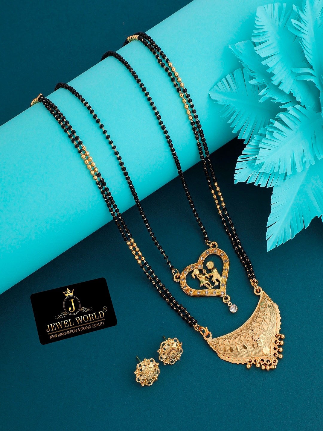 

JEWEL WORLD Set Of 2 Gold Plated & Beaded Mangalsutra with Earrings