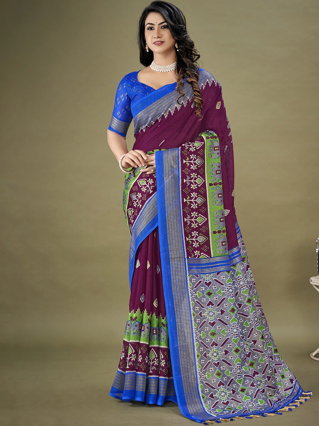 

KALINI Ethnic Motifs Printed Zari Jute Silk Patola Saree, Purple