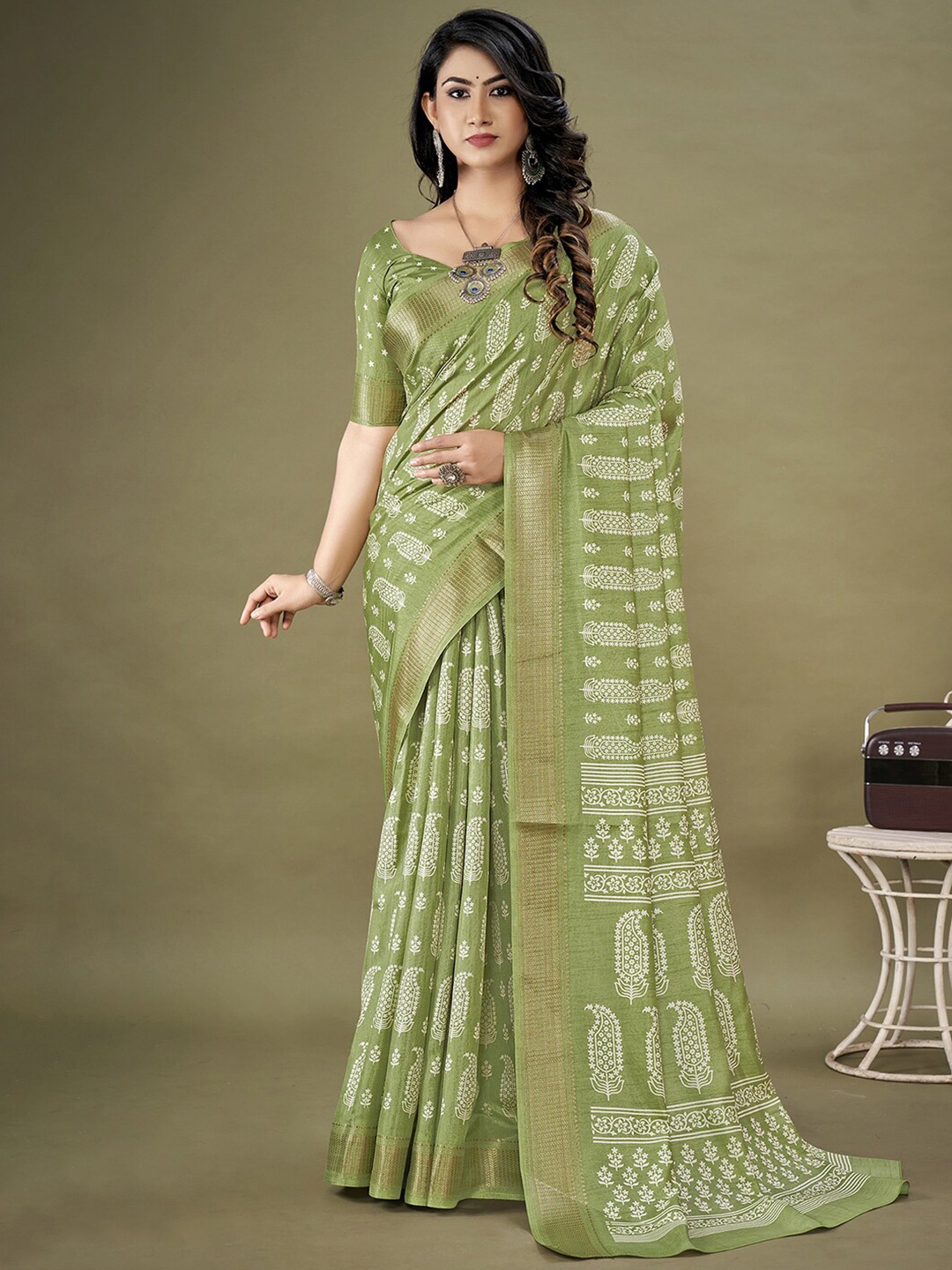 

KALINI Ethnic Motifs Printed Zari Art Silk Bagh Saree, Green