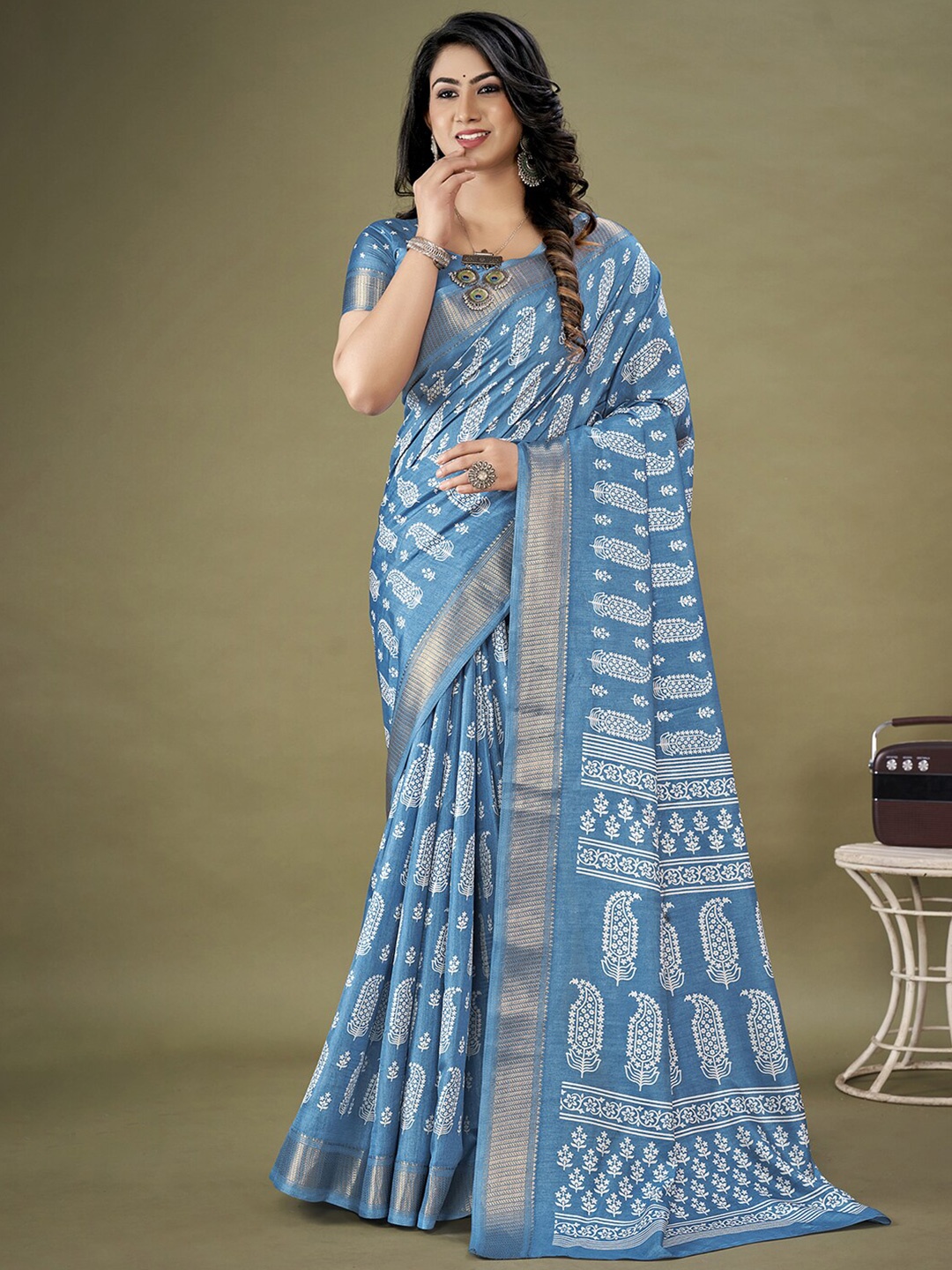 

KALINI Ethnic Motifs Printed Zari Art Silk Bagh Saree, Blue