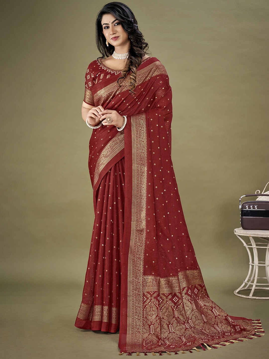 

KALINI Bandhani Printed Zari Jute Silk Bandhani Saree, Maroon