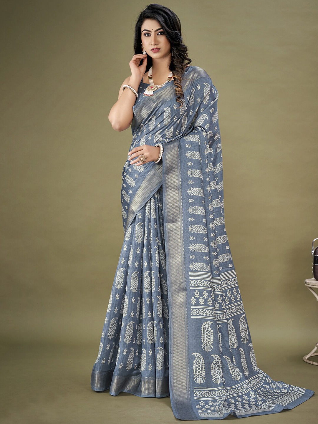 

KALINI Ethnic Motifs Zari Printed Bagh Saree, Grey