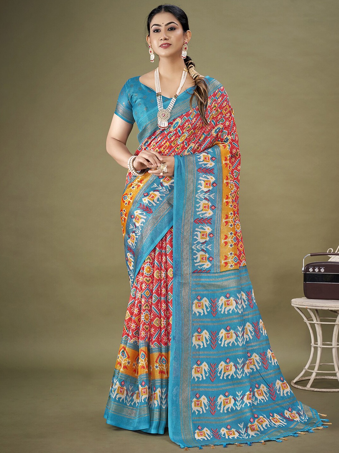 

KALINI Ethnic Motifs Printed Zari Jute Silk Patola Saree, Red