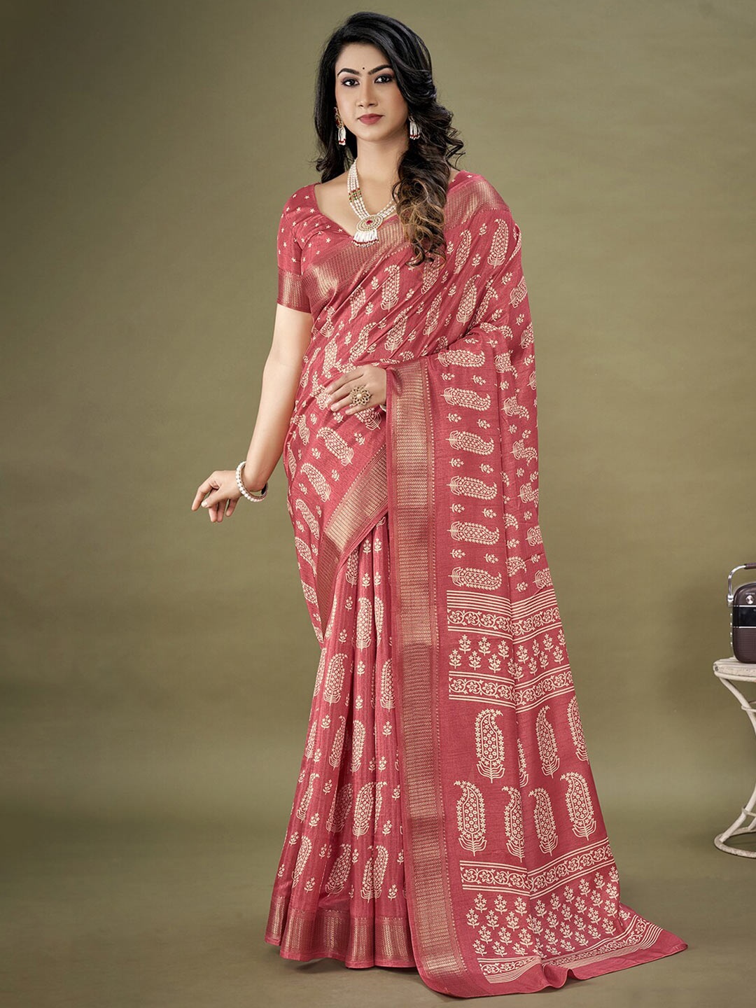 

KALINI Ethnic Motifs Printed Zari Art Silk Bagh Saree, Pink
