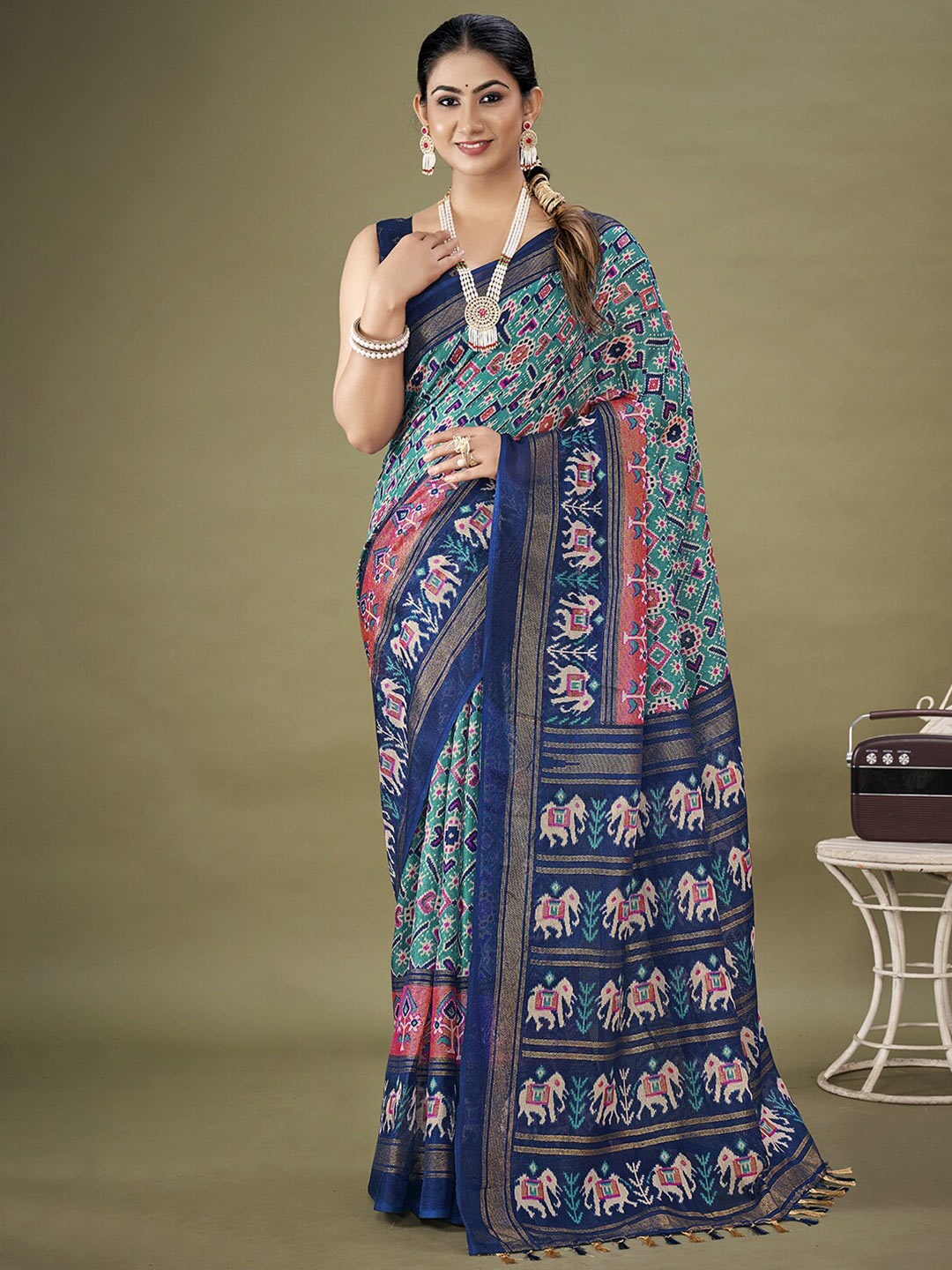 

KALINI Ethnic Motifs Printed Zari Jute Silk Patola Saree, Blue