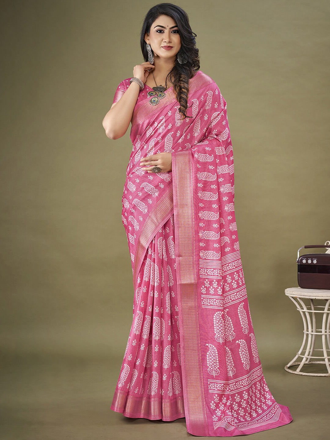 

KALINI Ethnic Motifs Zari Art Silk Bagh Saree, Pink
