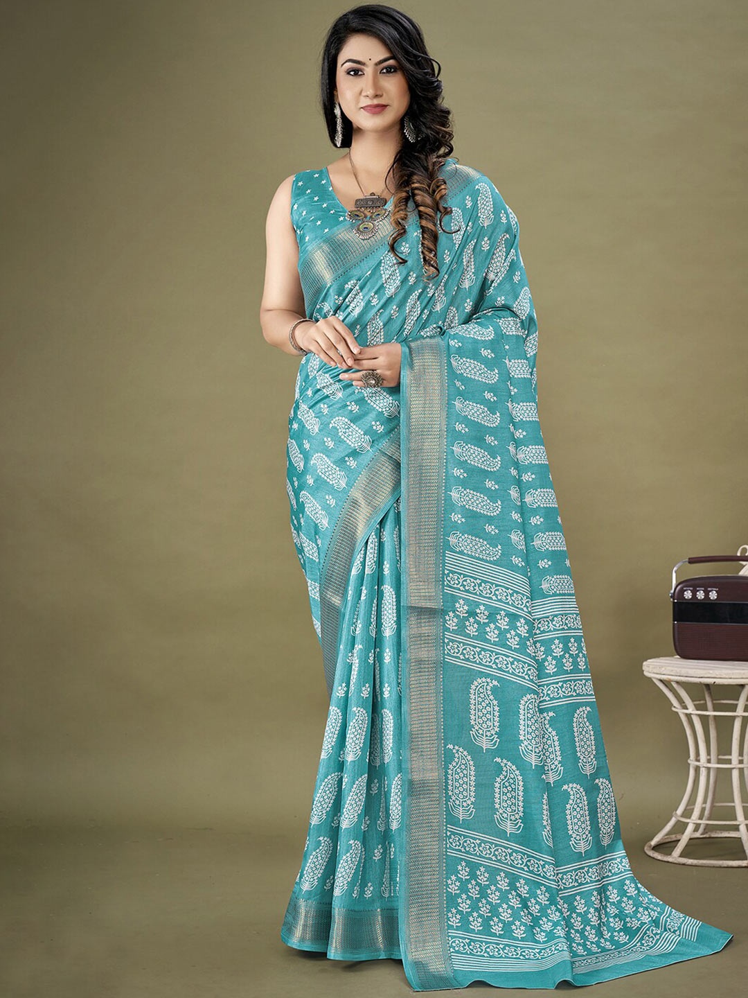 

KALINI Ethnic Motifs Printed Zari Bagh Saree, Blue