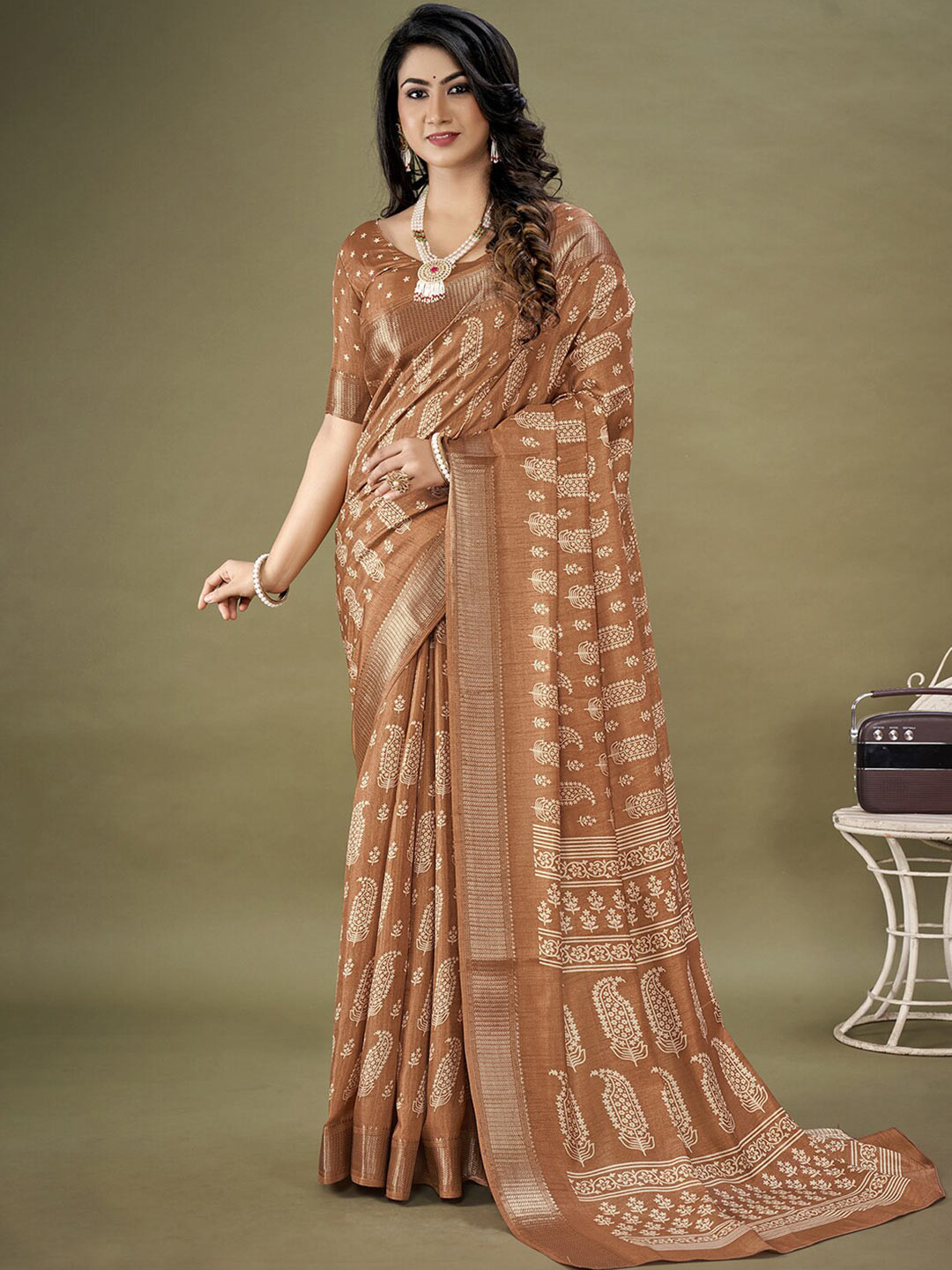 

KALINI Floral Printed Zari Art Silk Bagh Saree, Brown