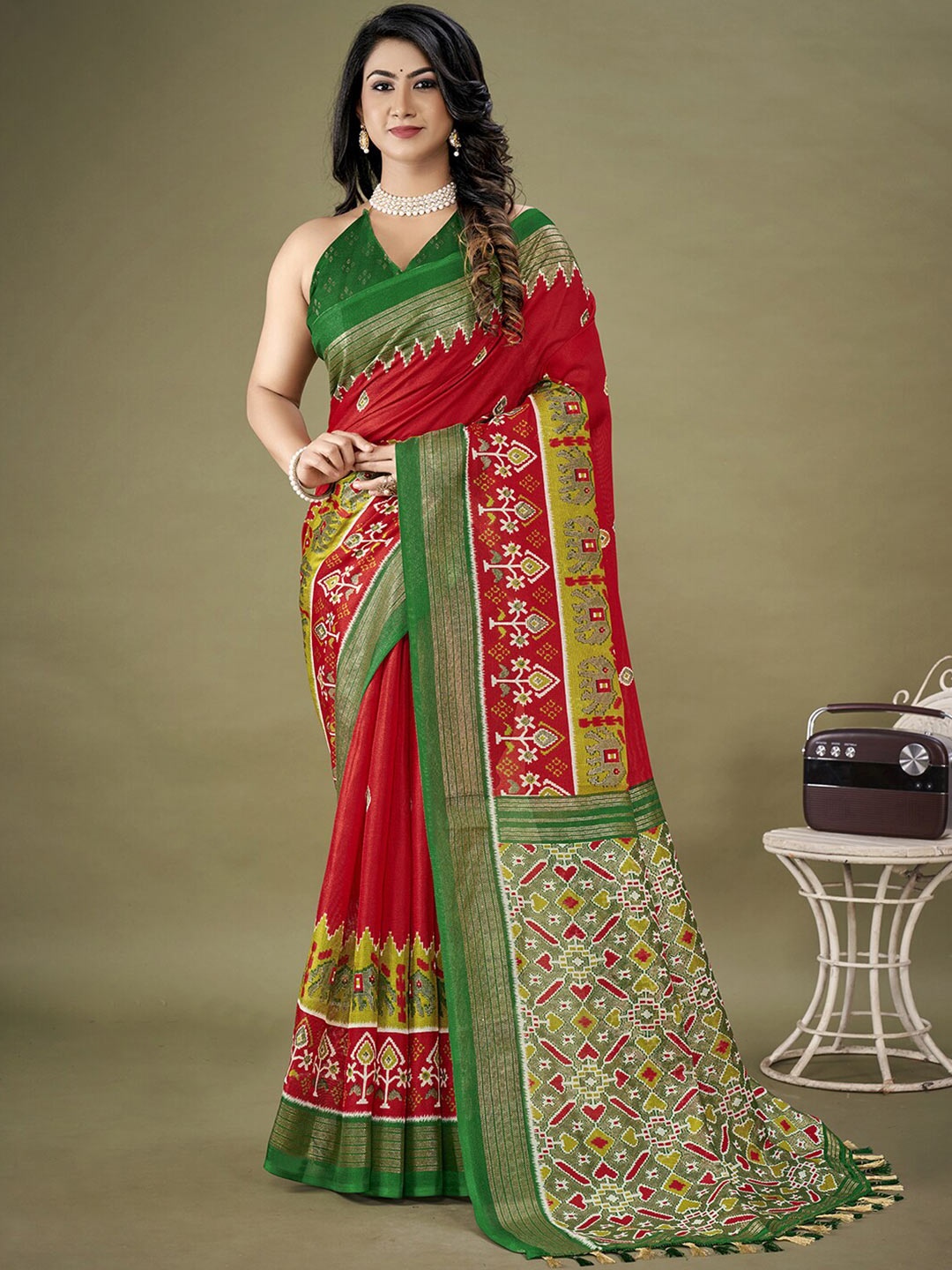 

KALINI Ethnic Motifs Printed Zari Jute Silk Patola Saree, Red