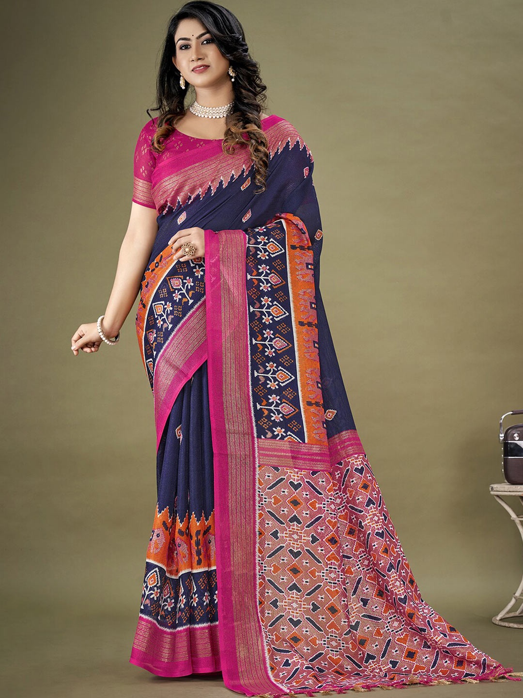 

KALINI Ethnic Motifs Printed Zari Jute Silk Patola Saree, Navy blue