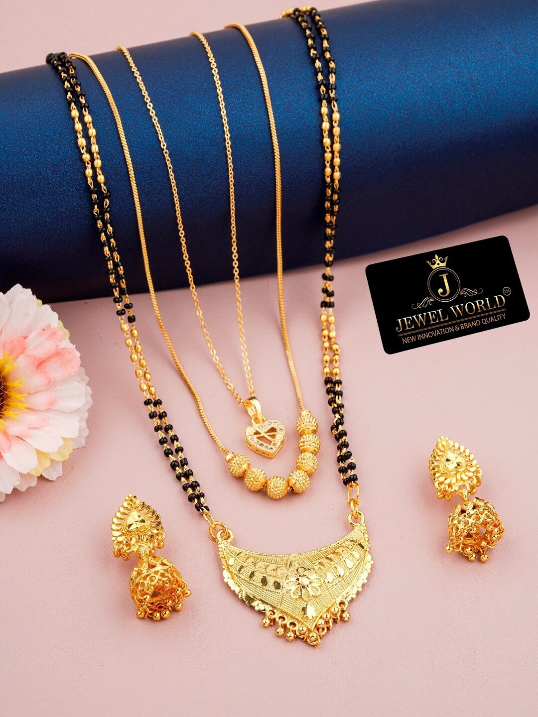 

JEWEL WORLD Set Of 3 Gold-Plated Stone-Studded Beaded Mangalsutra