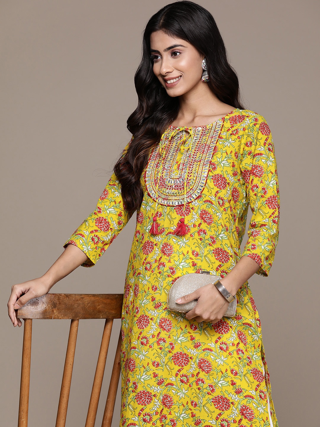 

Ishin Women Yellow Floral Printed Gotta Patti Cotton Kurta, Mustard