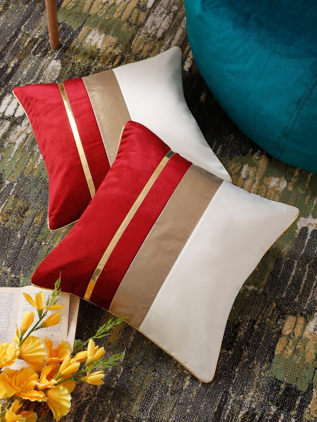 

HOSTA HOMES White & Red 2 Pieces Colourblocked Square Cushion Covers