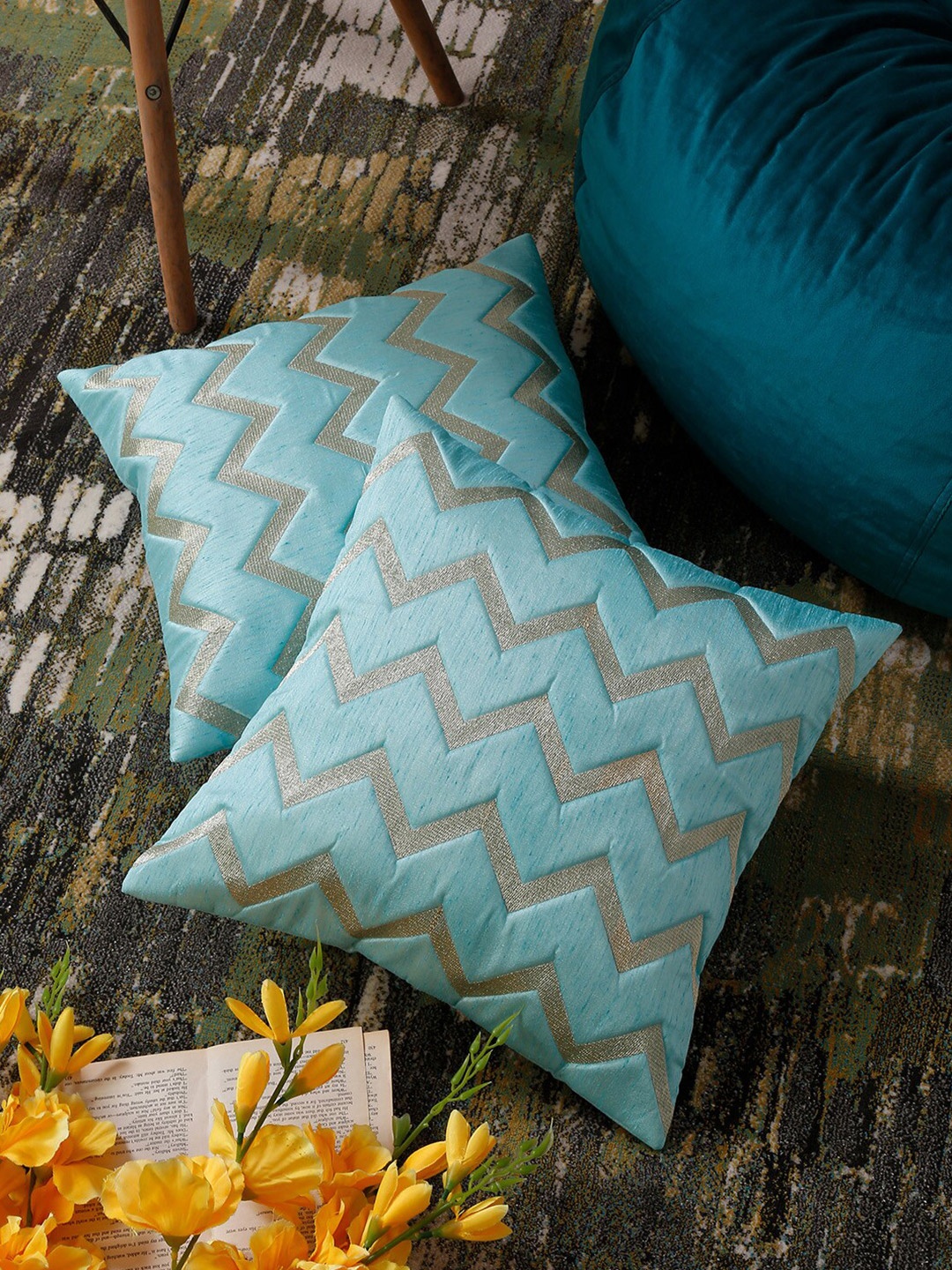 

HOSTA HOMES Blue & Gold-Toned 2 Pieces Striped Square Cushion Covers