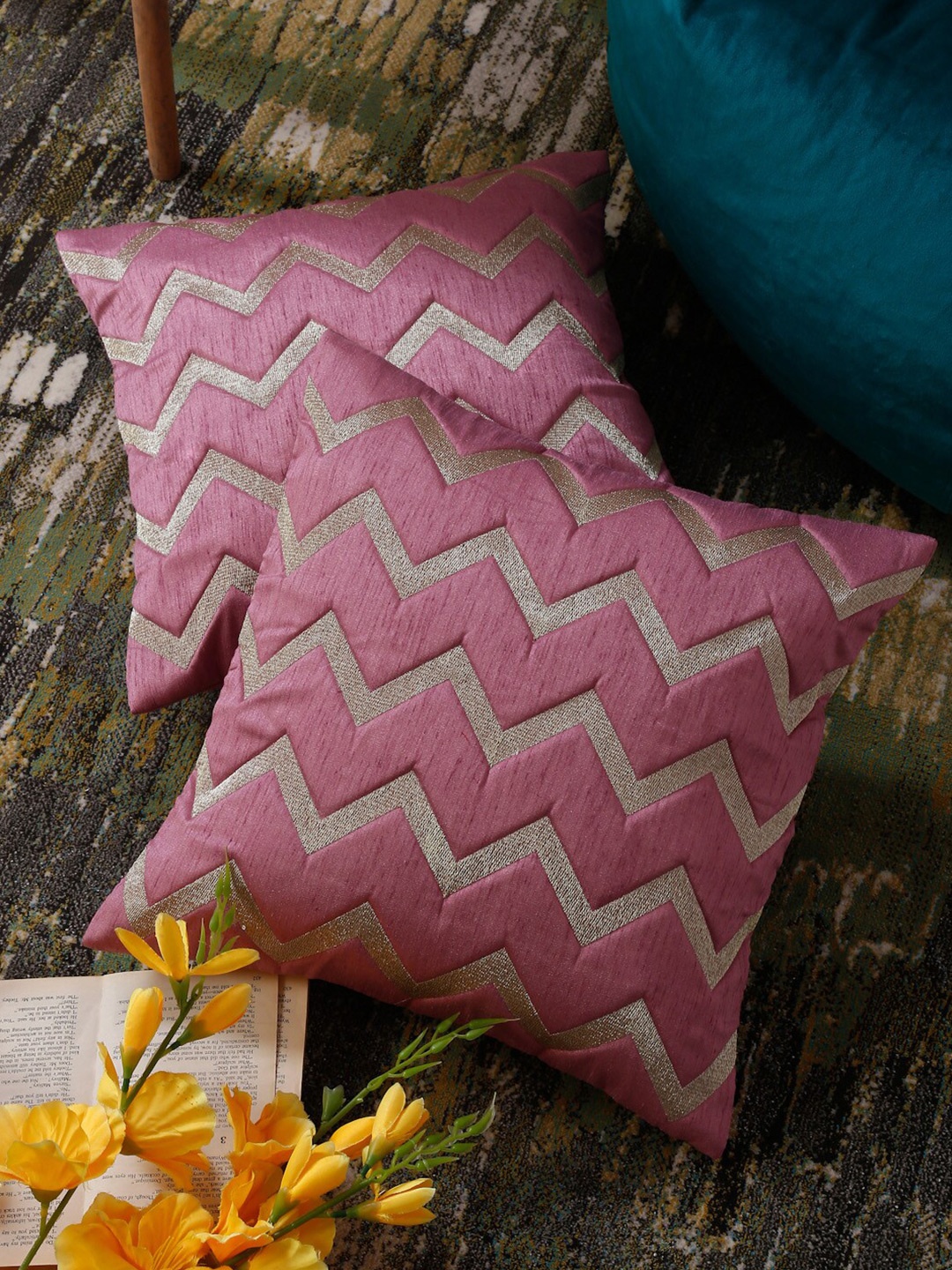 

HOSTA HOMES Pink & Gold-Toned 2 Pieces Striped Square Cushion Covers