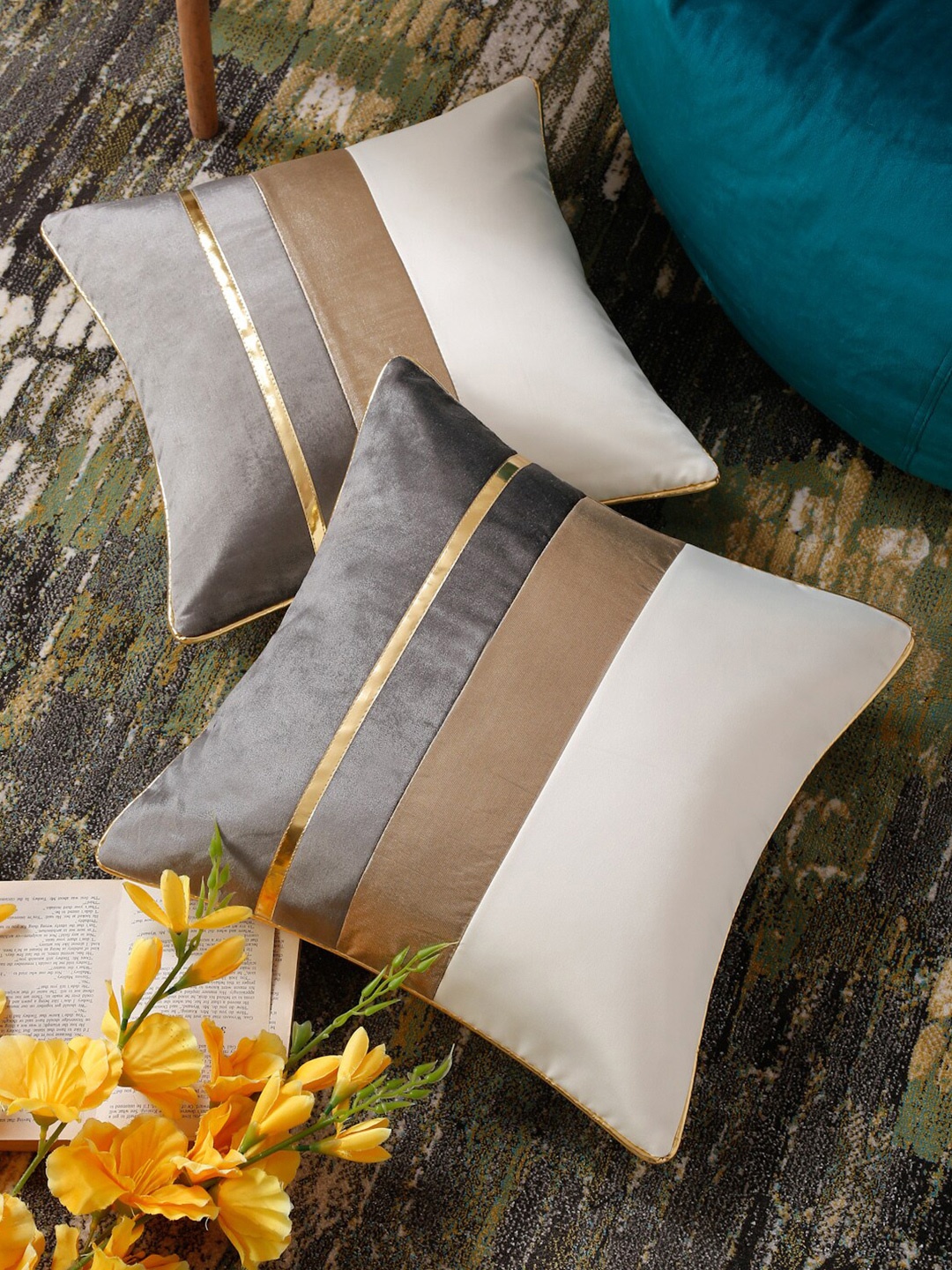 

HOSTA HOMES White & Gold-Toned 2 Pieces Colourblocked Square Cushion Covers