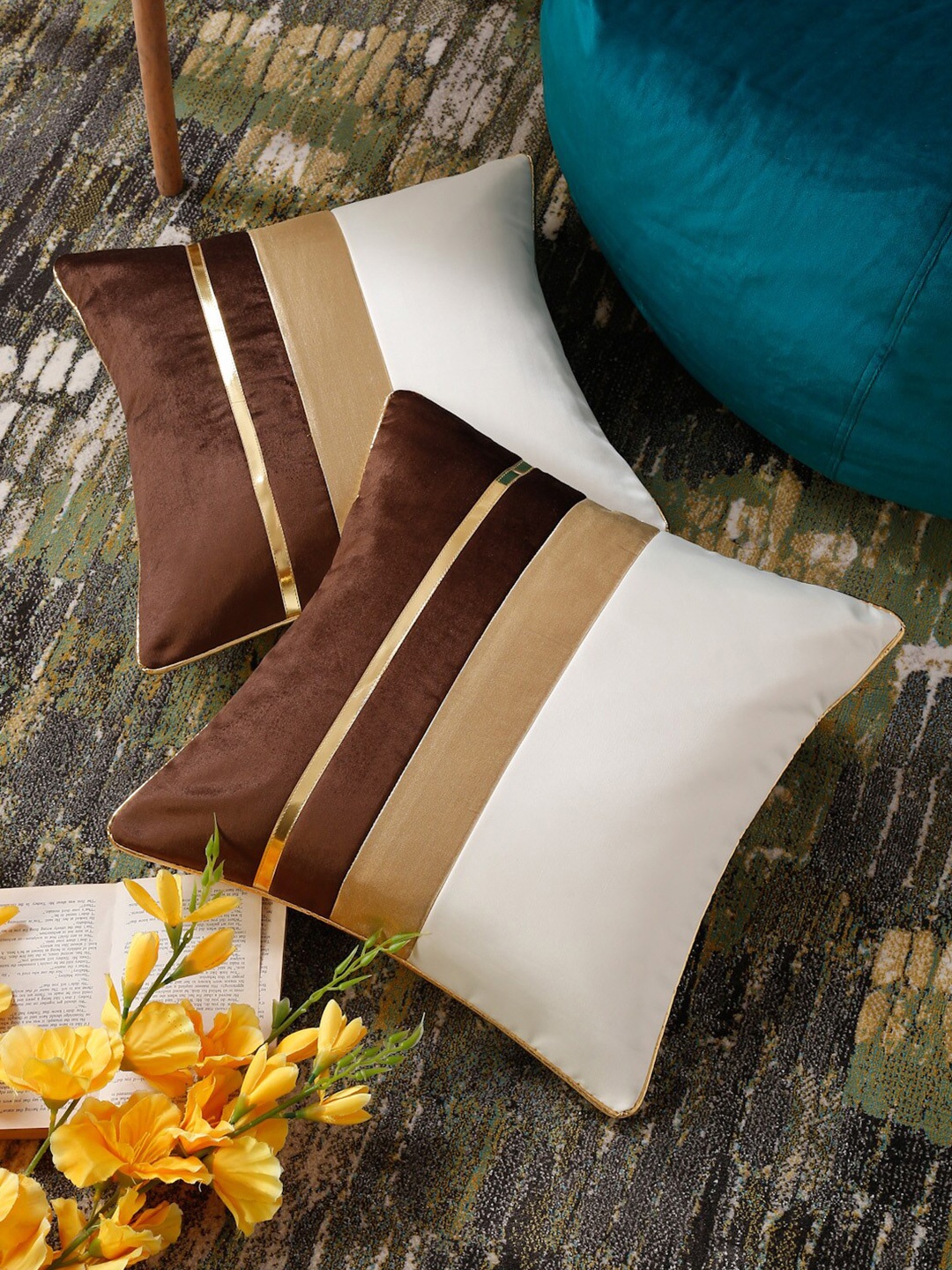 

HOSTA HOMES White & Brown 2 Pieces Colourblocked Square Cushion Covers