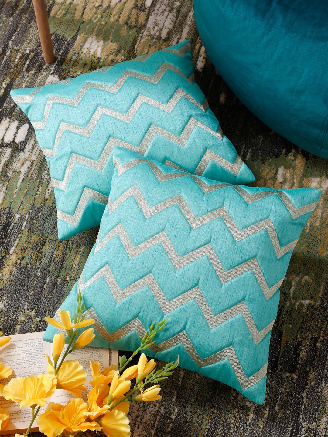 

HOSTA HOMES Blue & Gold-Toned 2 Pieces Striped Square Cushion Covers