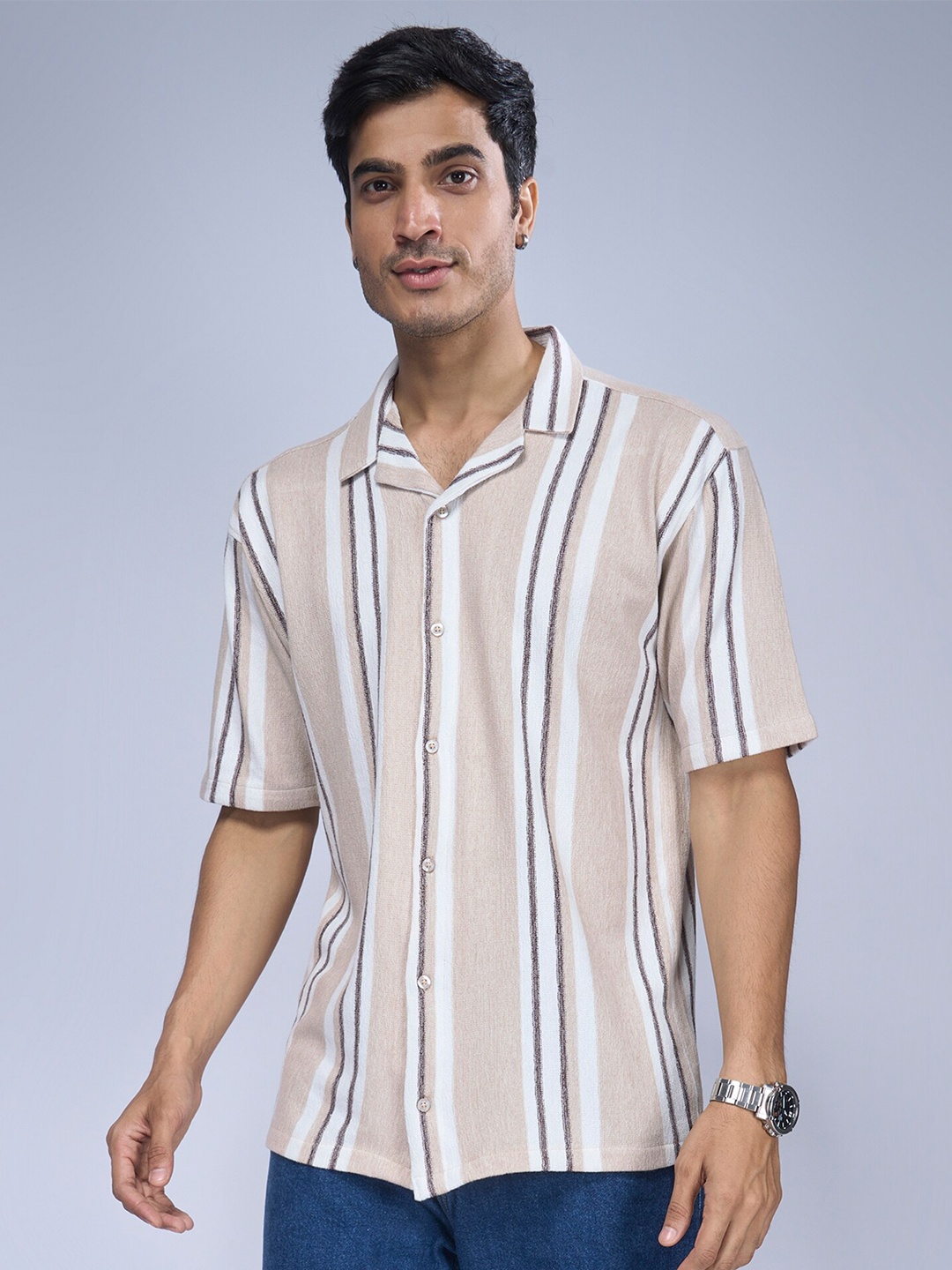 

Maniac Trim Boxy Vertical Striped Casual Shirt, Beige