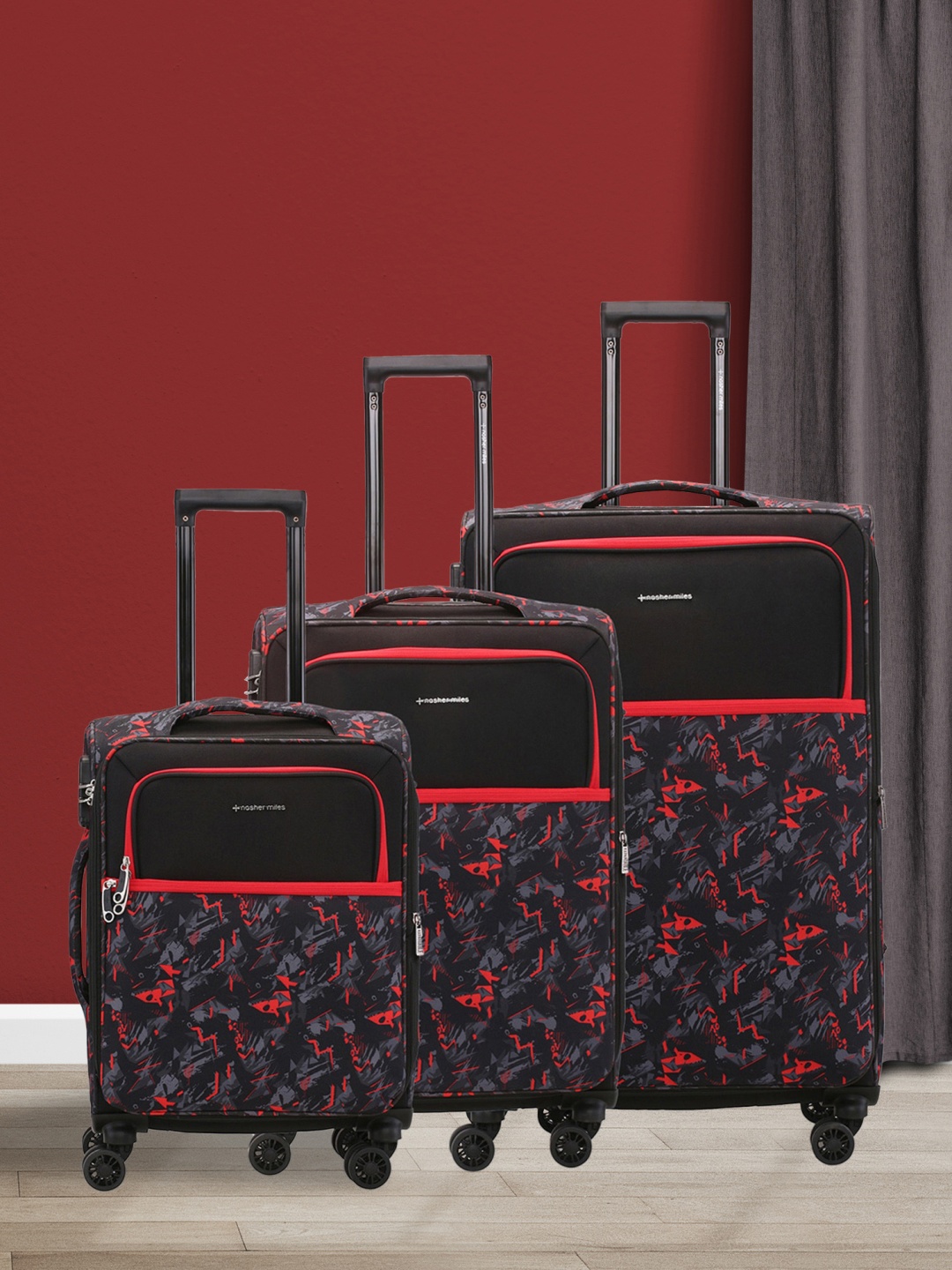 

Nasher Miles Unisex Set Of 3 Printed Water Resistant Soft-Sided Trolley Suitcase, Black
