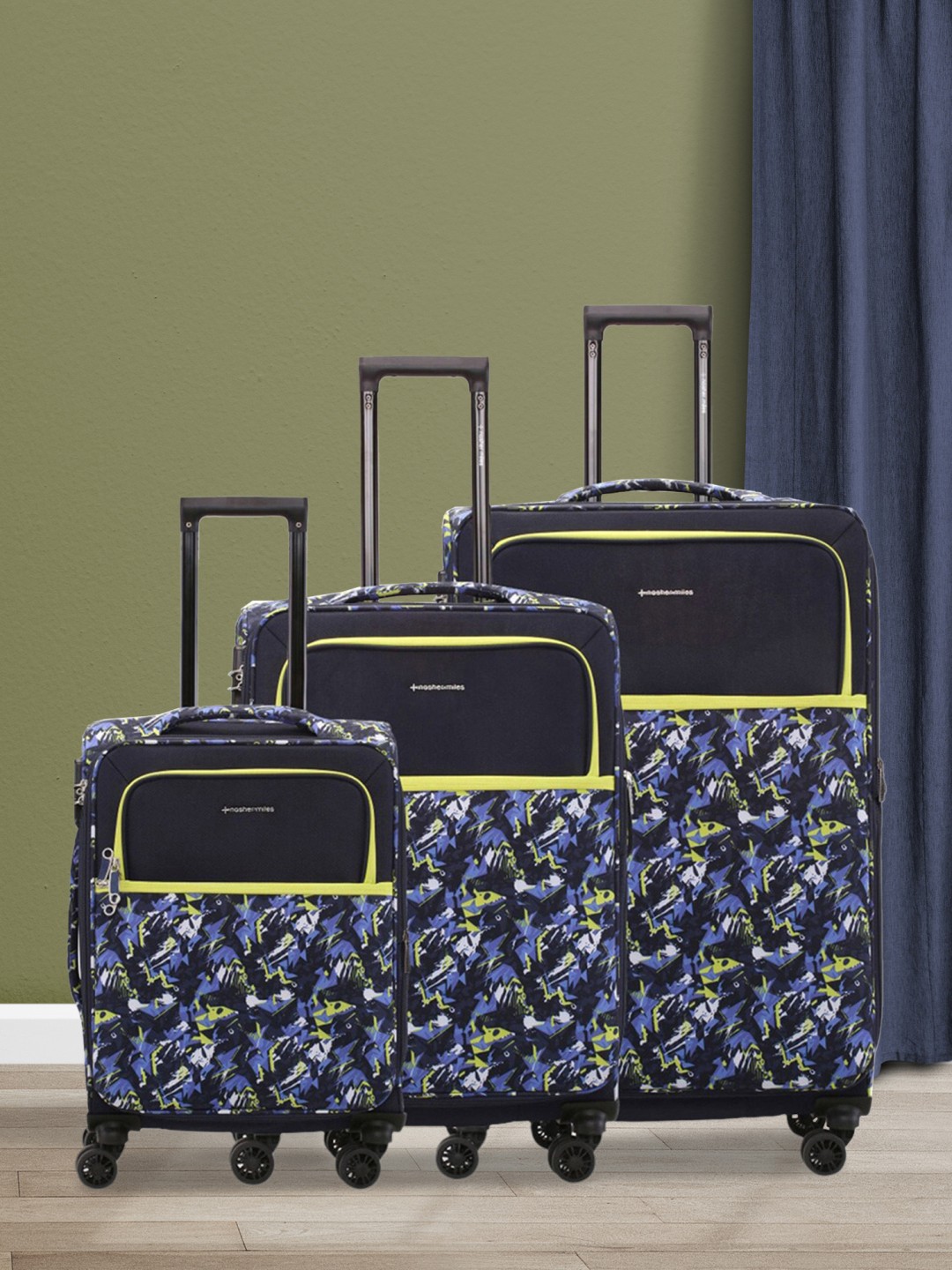 

Nasher Miles Unisex Set Of 3 Printed Water Resistant Soft-Sided Trolley Suitcase, Navy blue