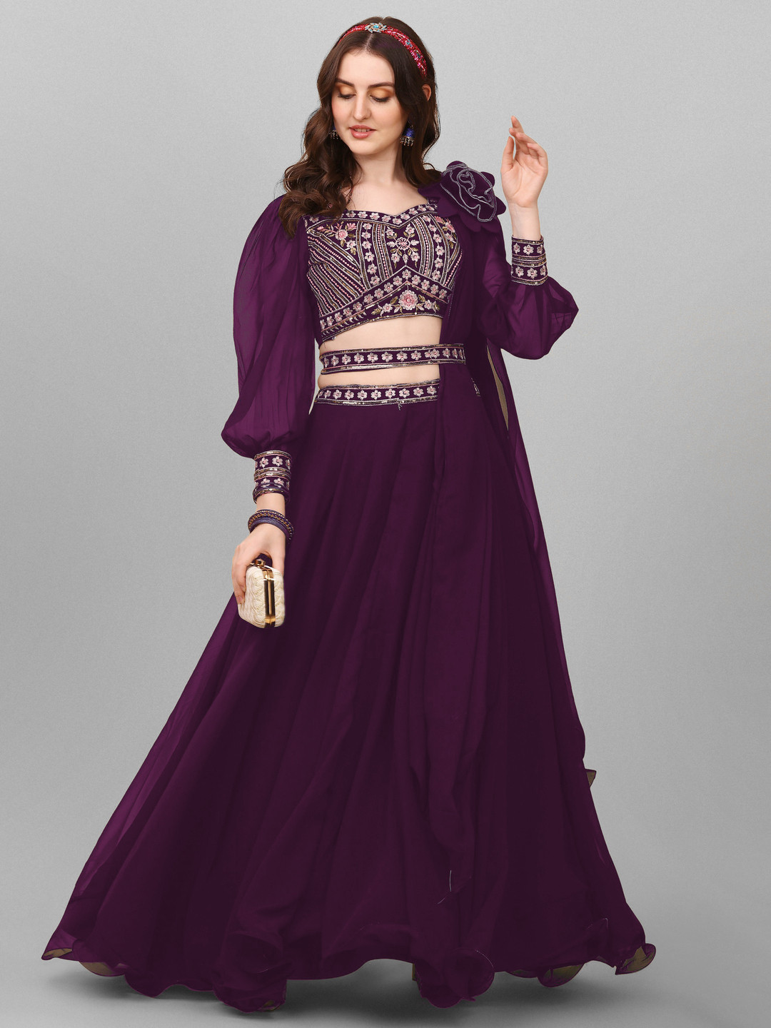 

GOROLY Embroidered Thread Work Semi-Stitched Lehenga & Unstitched Blouse With Dupatta, Maroon