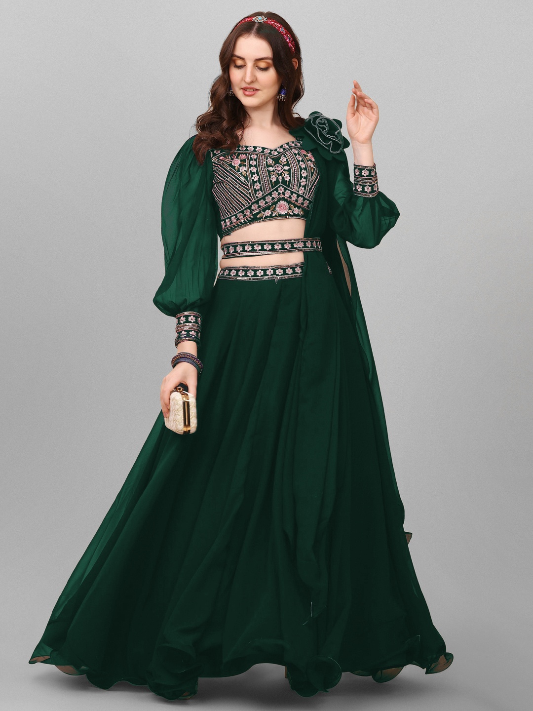 

GOROLY Embroidered Thread Work Semi-Stitched Lehenga & Unstitched Blouse With Dupatta, Green