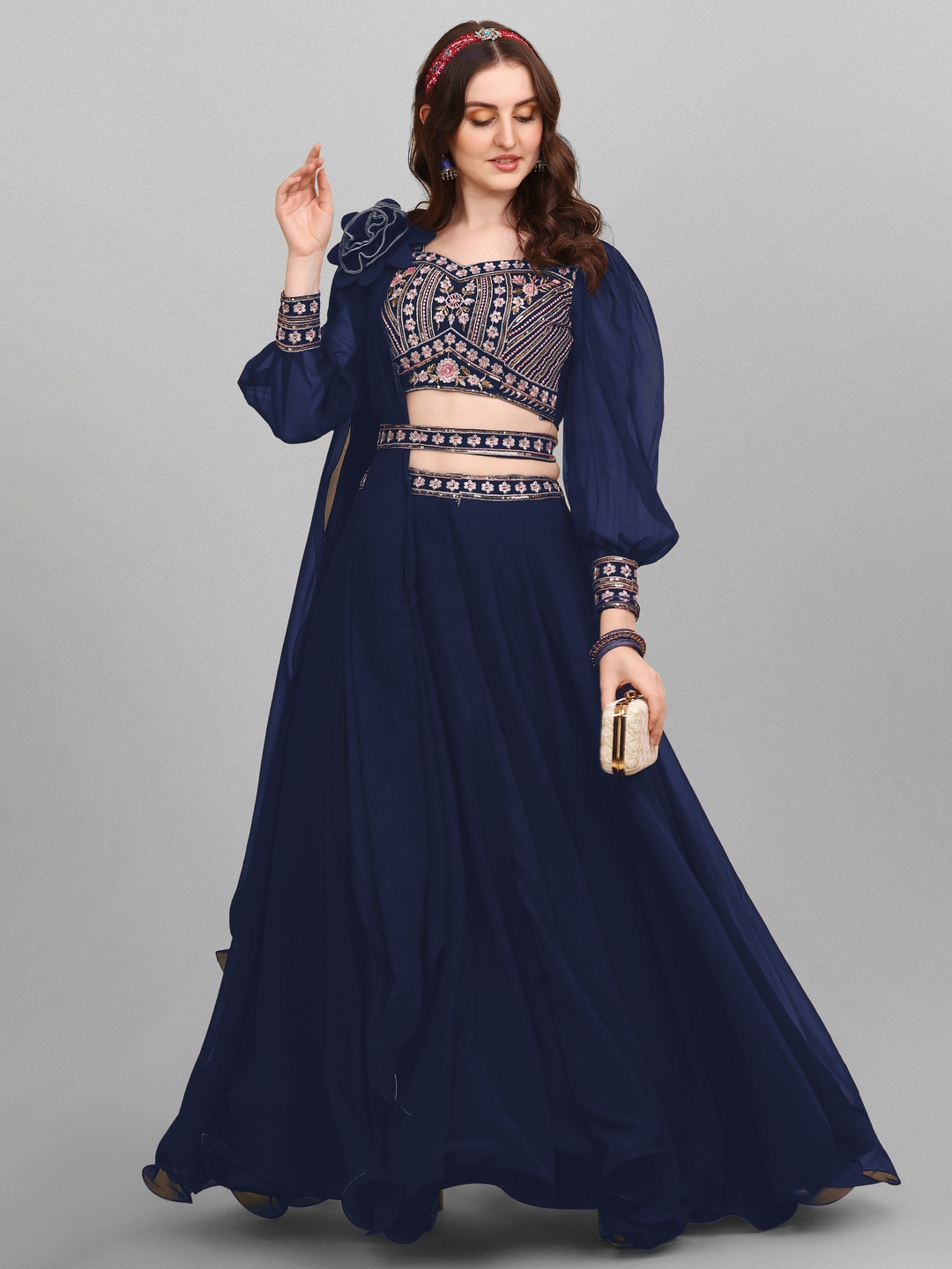 

GOROLY Embroidered Thread Work Semi-Stitched Lehenga & Unstitched Blouse With Dupatta, Blue