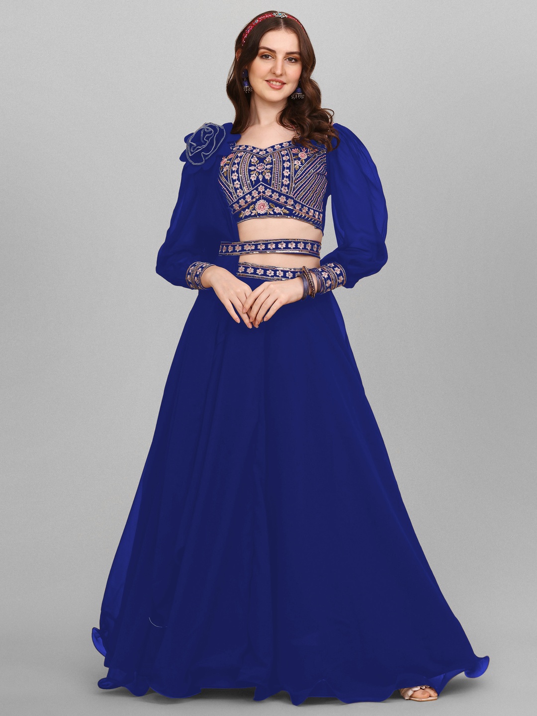 

GOROLY Embroidered Thread Work Semi-Stitched Lehenga & Unstitched Blouse With Dupatta, Blue