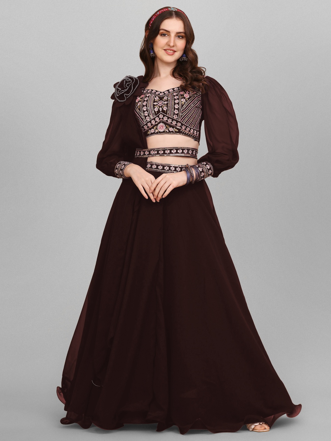 

GOROLY Embroidered Thread Work Semi-Stitched Lehenga & Unstitched Blouse With Dupatta, Brown