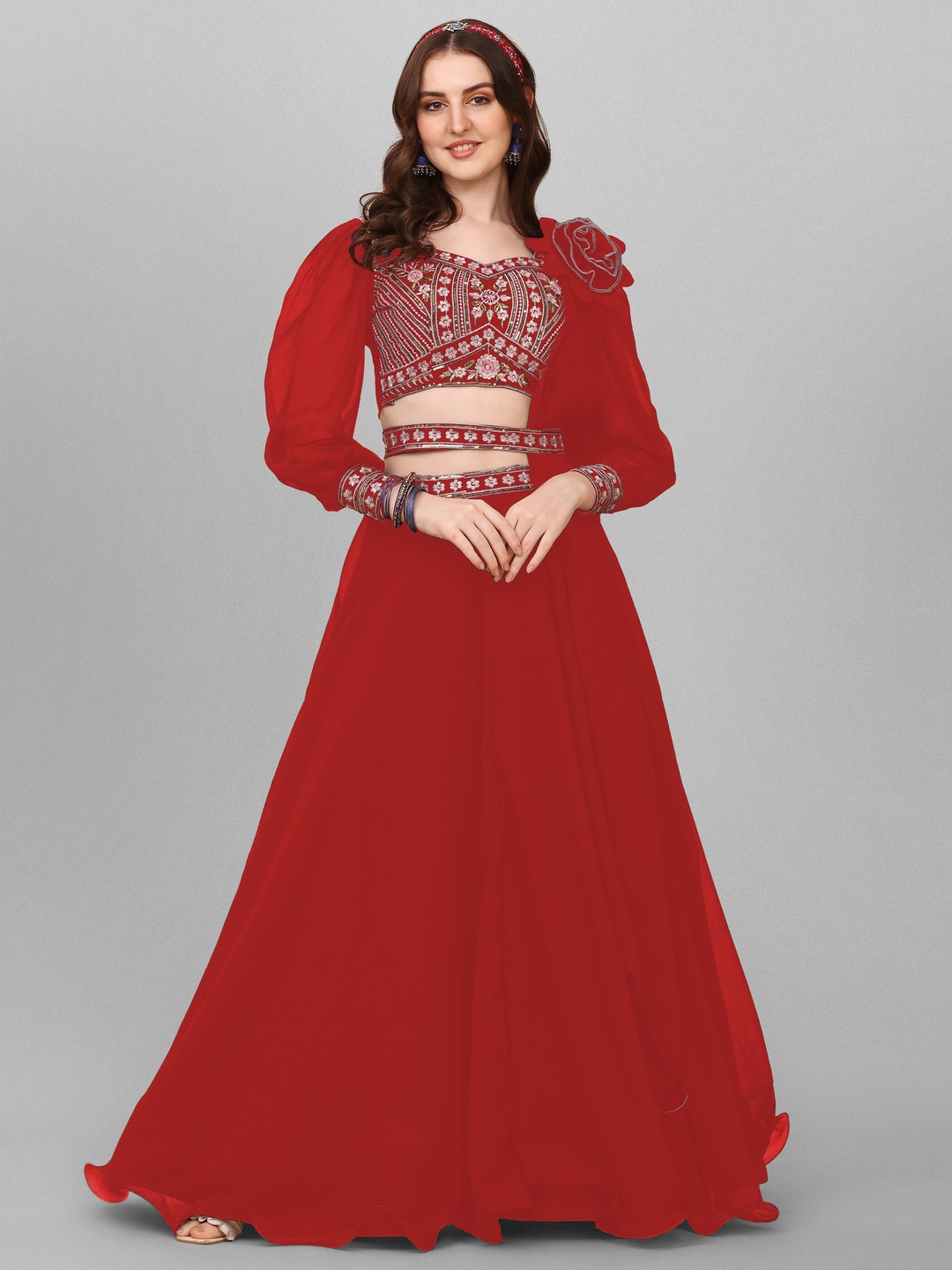 

GOROLY Embroidered Thread Work Semi-Stitched Lehenga & Unstitched Blouse With Dupatta, Red