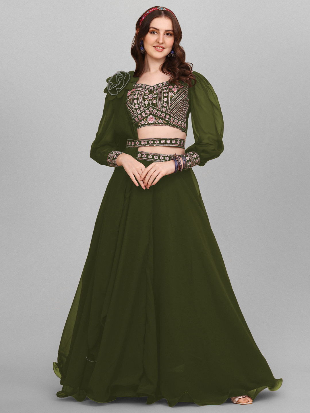 

GOROLY Embroidered Thread Work Semi-Stitched Lehenga & Unstitched Blouse With Dupatta, Green