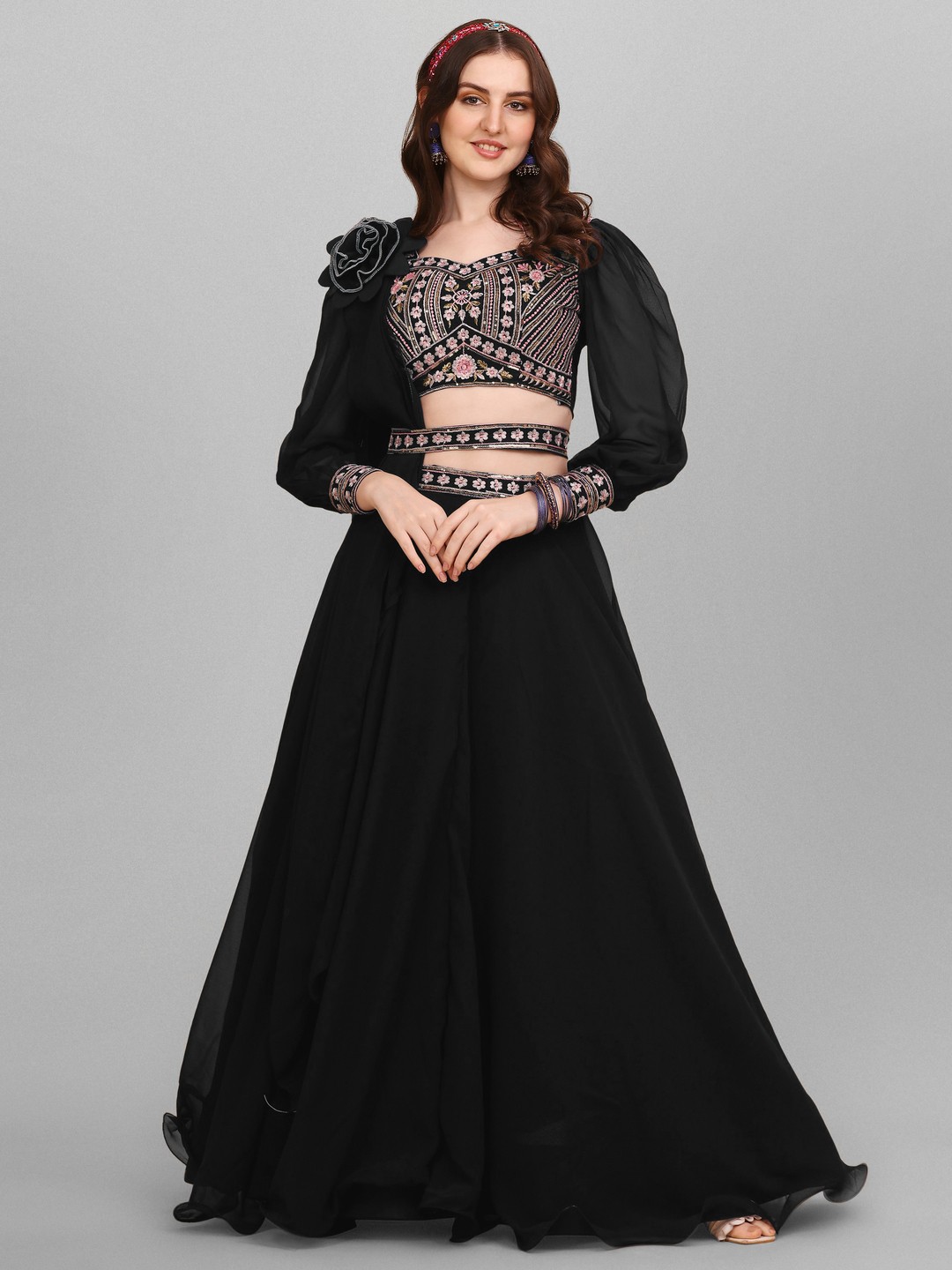 

GOROLY Embroidered Thread Work Semi-Stitched Lehenga & Unstitched Blouse With Dupatta, Black