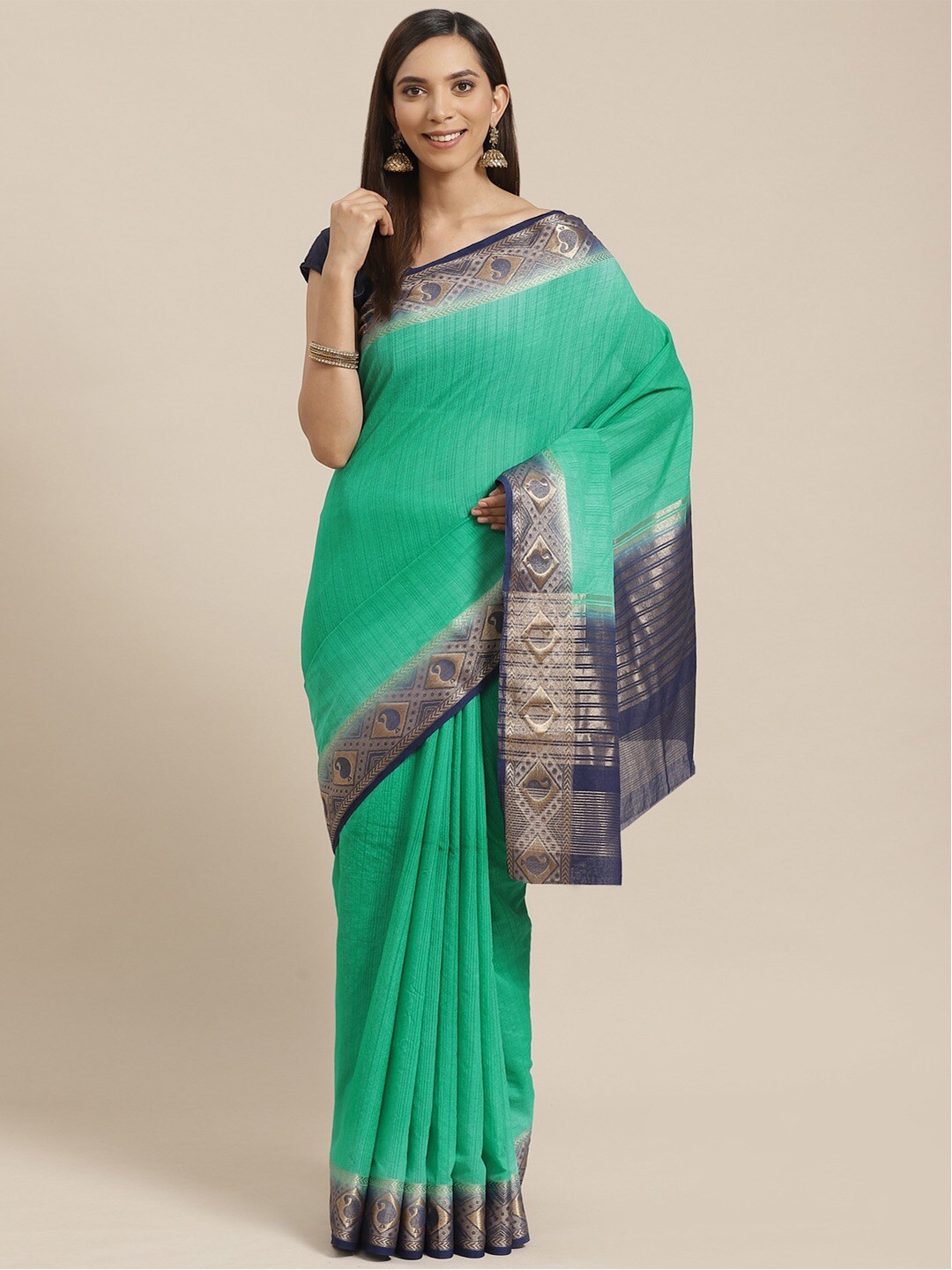 

KALINI Striped Zari Kanjeevaram Saree, Green