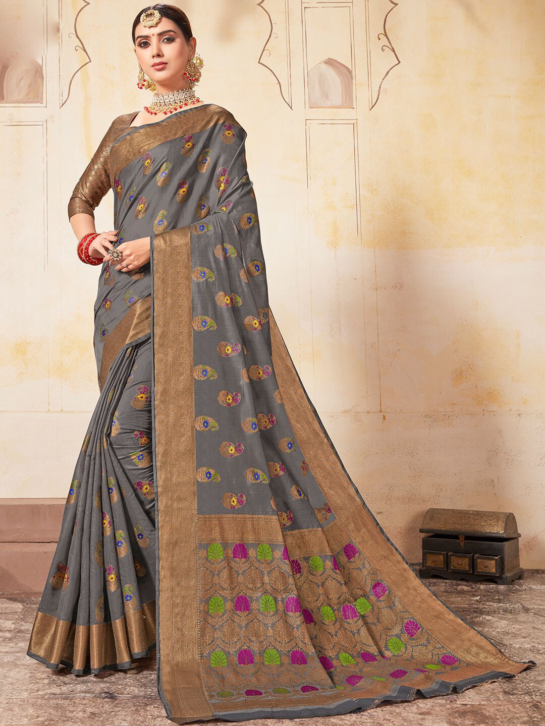 

KALINI Ethnic Motifs Woven Design Zari Saree, Grey