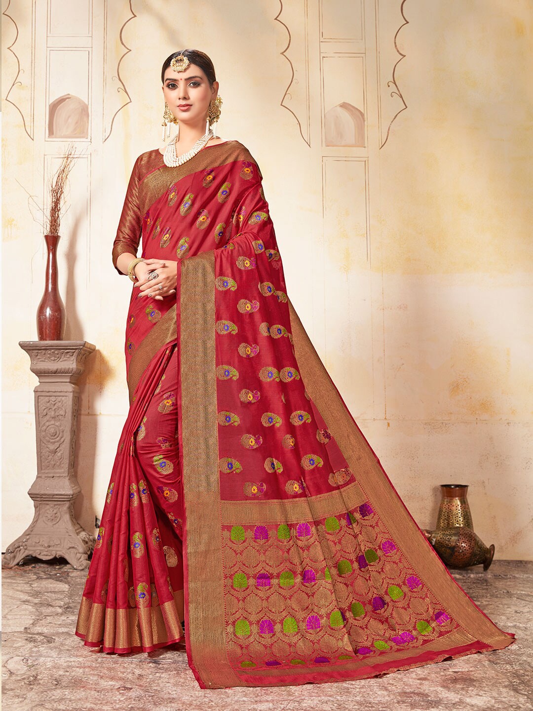 

KALINI Ethnic Motifs Woven Design Zari Saree, Red