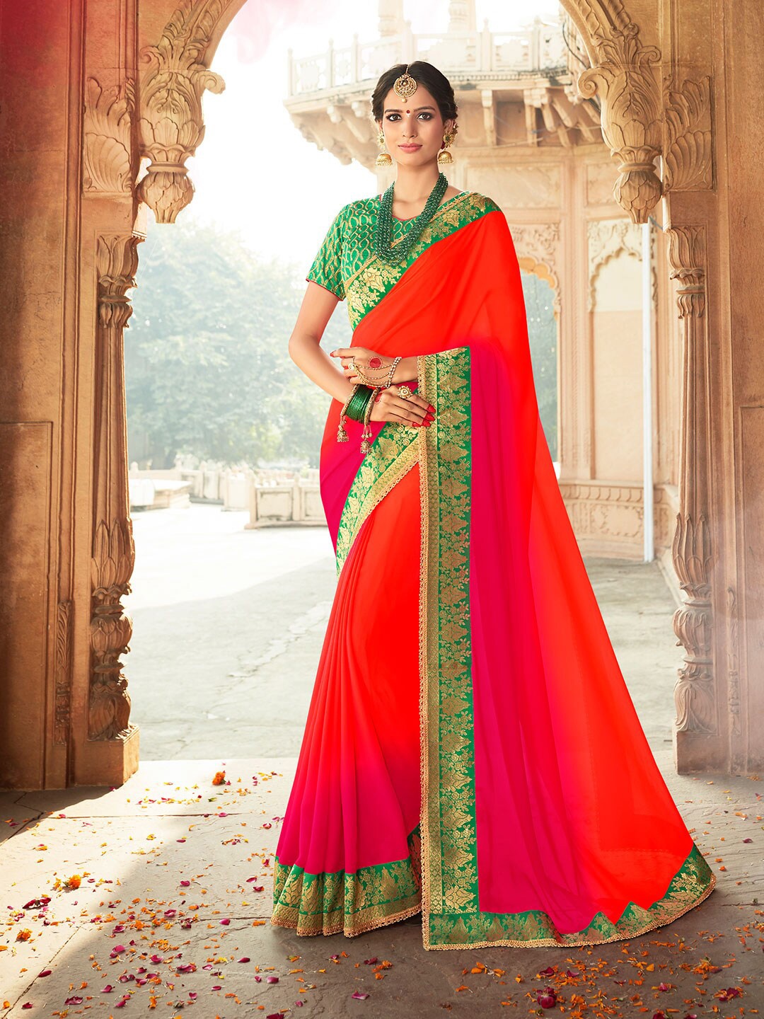 

KALINI Woven Design Border Zari Poly Chiffon Saree, Red