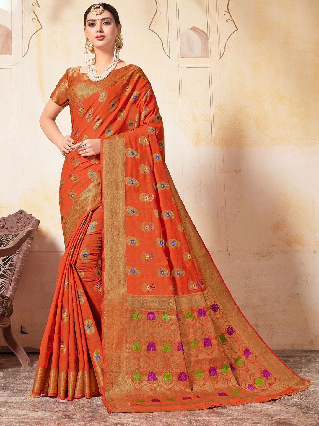 

KALINI Ethnic Motifs Woven Design Zari Saree, Orange
