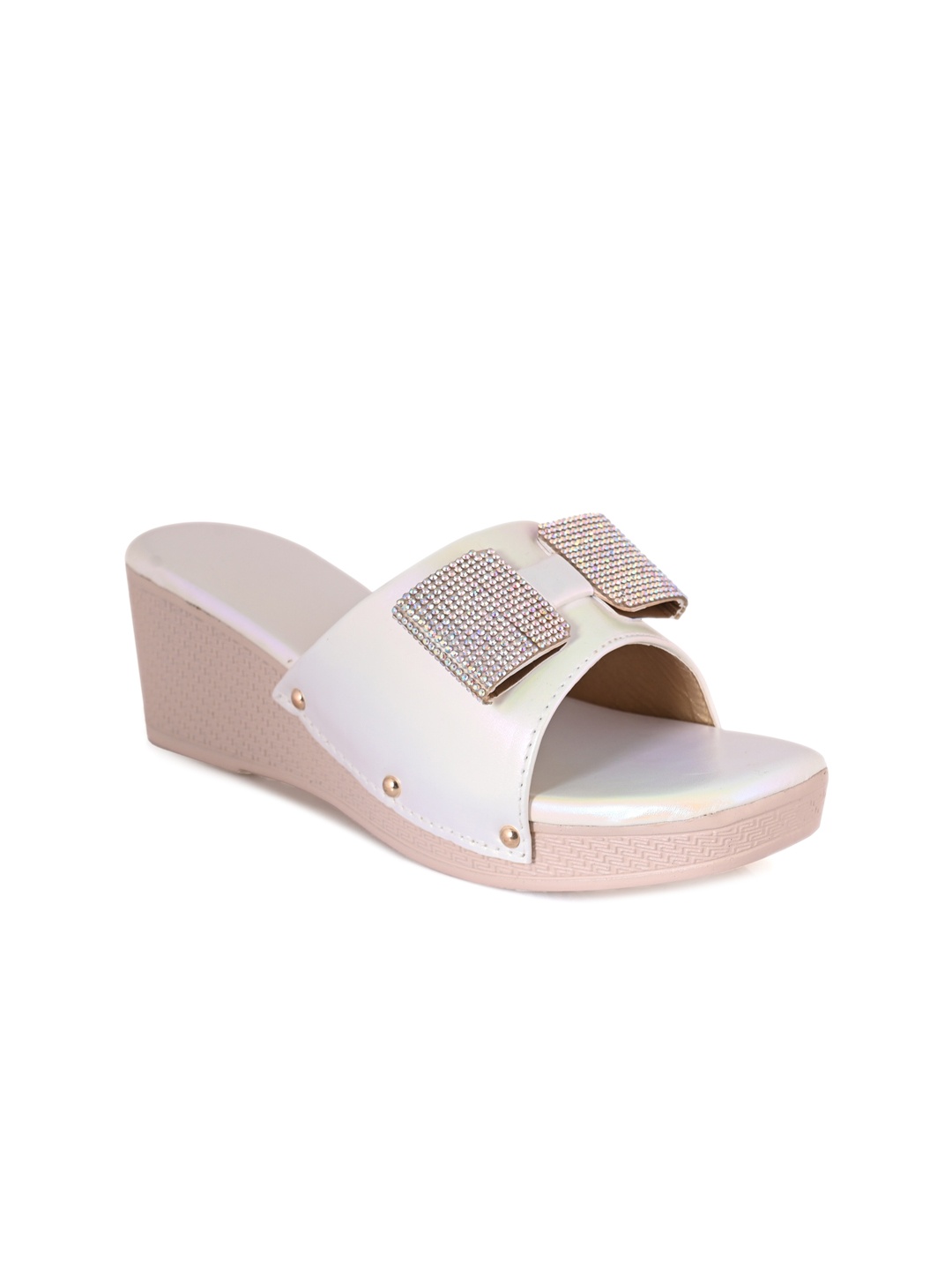 

Myra Bow Embellished Open Toe Wedge Heels, Off white
