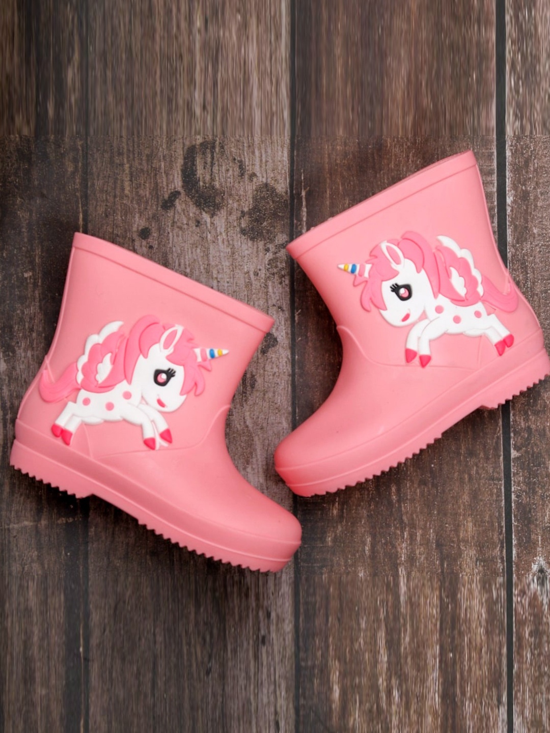 

Yellow Bee Girls Unicorn Applique Mid-Top Rubber Rain Boots, Pink