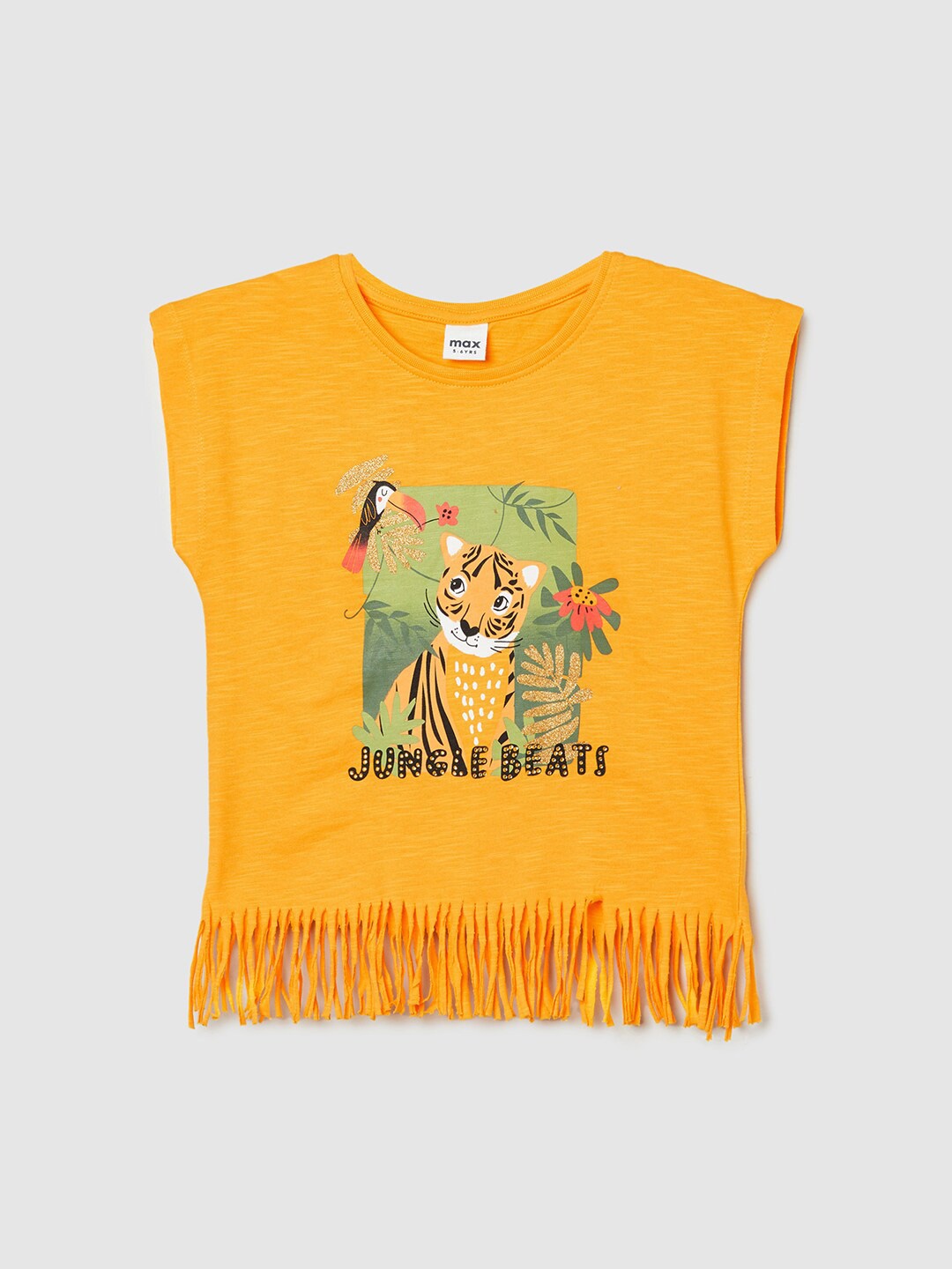 

max Girls Graphic Printed Extended Sleeves Fringed Pure Cotton T-shirt, Yellow